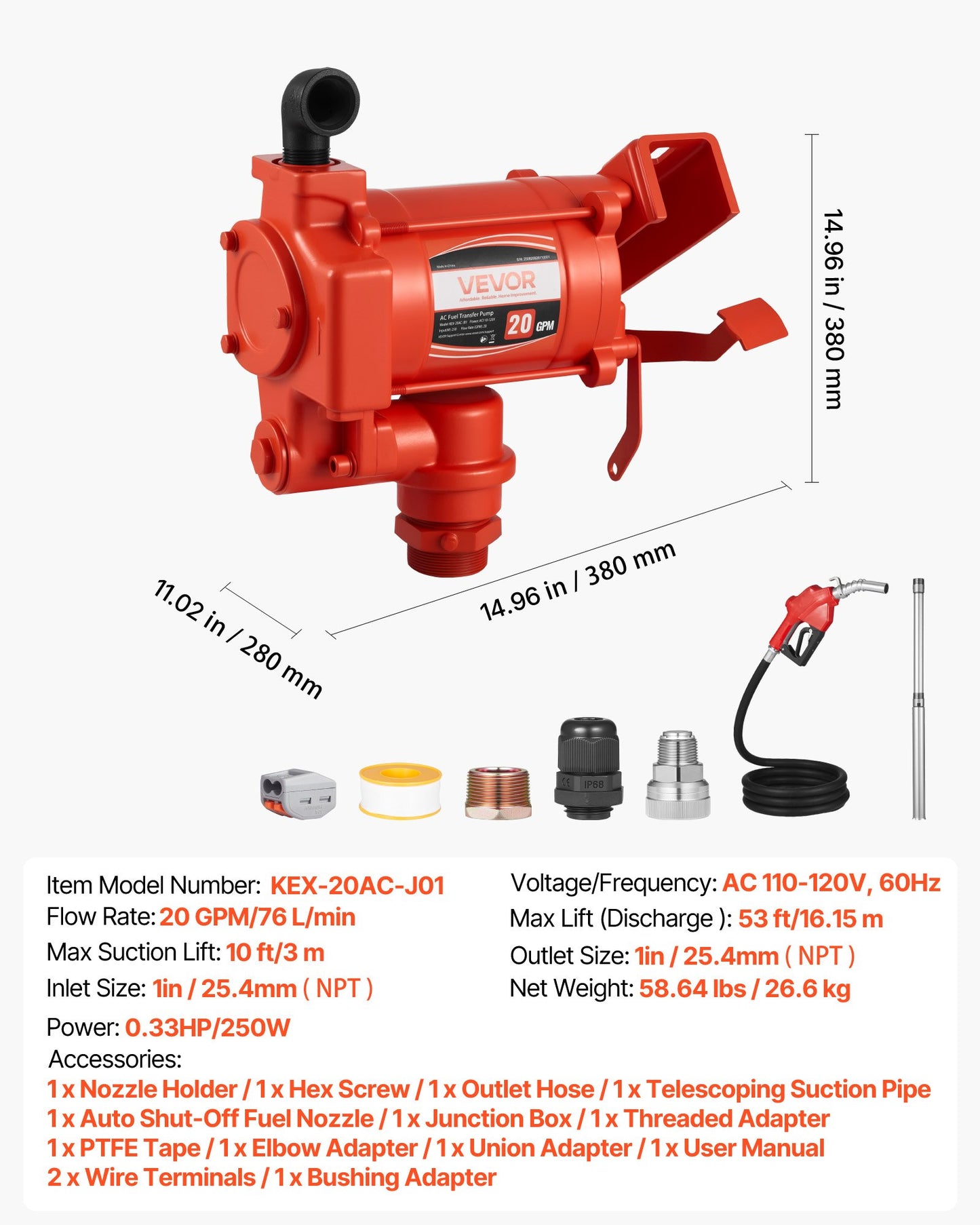 Fuel Transfer Pump 230V, 20 GPM 76 L/min, AC Electric Oil Transfer Pump, with Auto Shut-Off Fuel Nozzle & Discharge Hose, High Flow Kit for Gasoline, Diesel, Kerosene, Biodiesel, Ethanol Blends