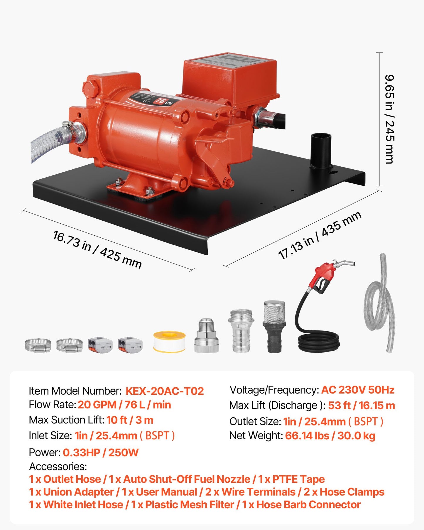 Fuel Transfer Pump 230V, 20 GPM 76 L/min, AC Electric Oil Transfer Pump, with Meter, Auto Shut-Off Fuel Nozzle & Discharge Hose, High Flow for Gasoline, Diesel, Kerosene, Biodiesel, Ethanol