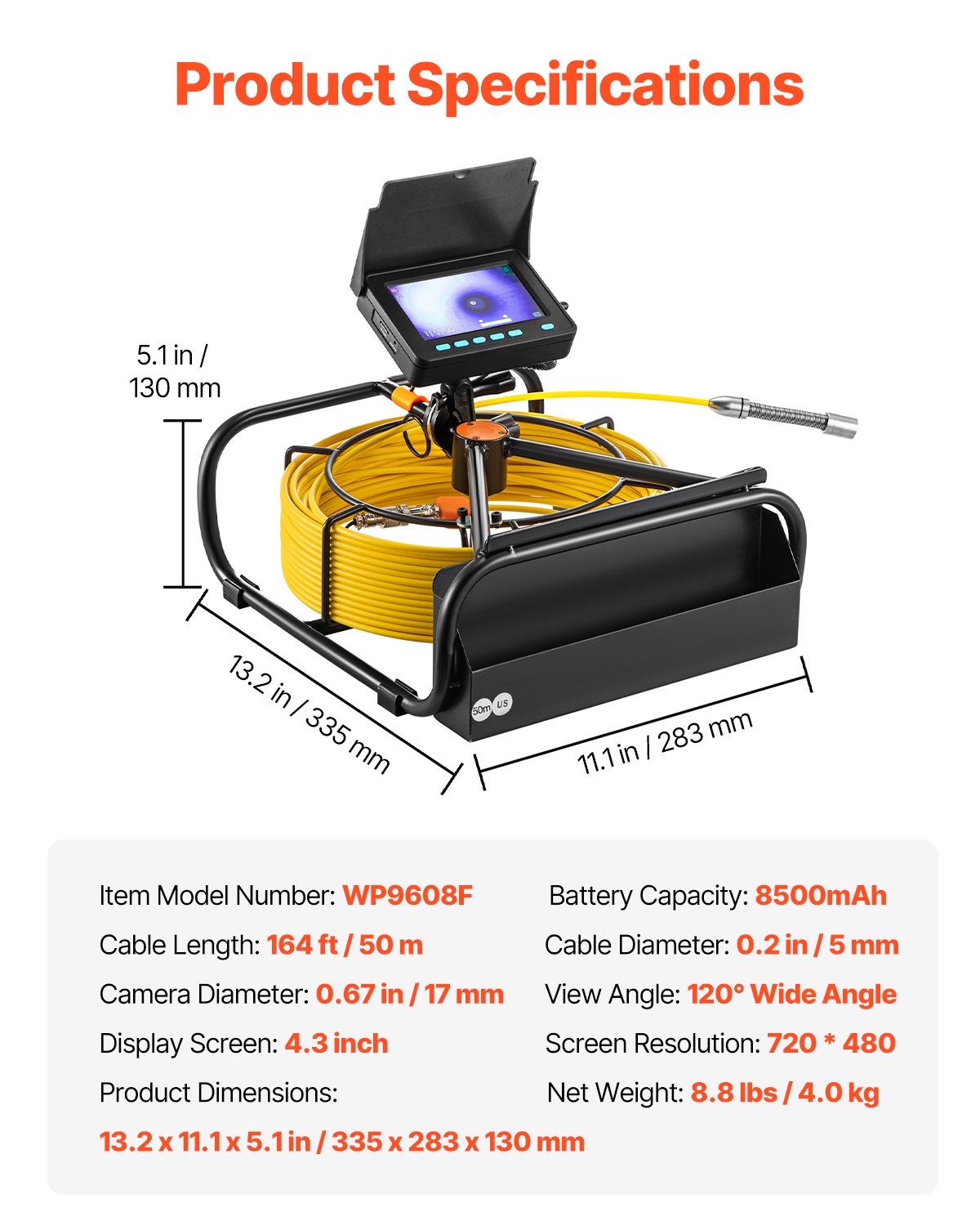 Sewer Camera, 164 ft/50 m, 4.3-inch Drain Inspection Camera with Lights- 6 Adjustable LED, 16GB Card, 3X Zoom & 8500mAh High-Capacity Battery, IP68 Waterproof Plumbing Camera for Sewer Duct Pipe