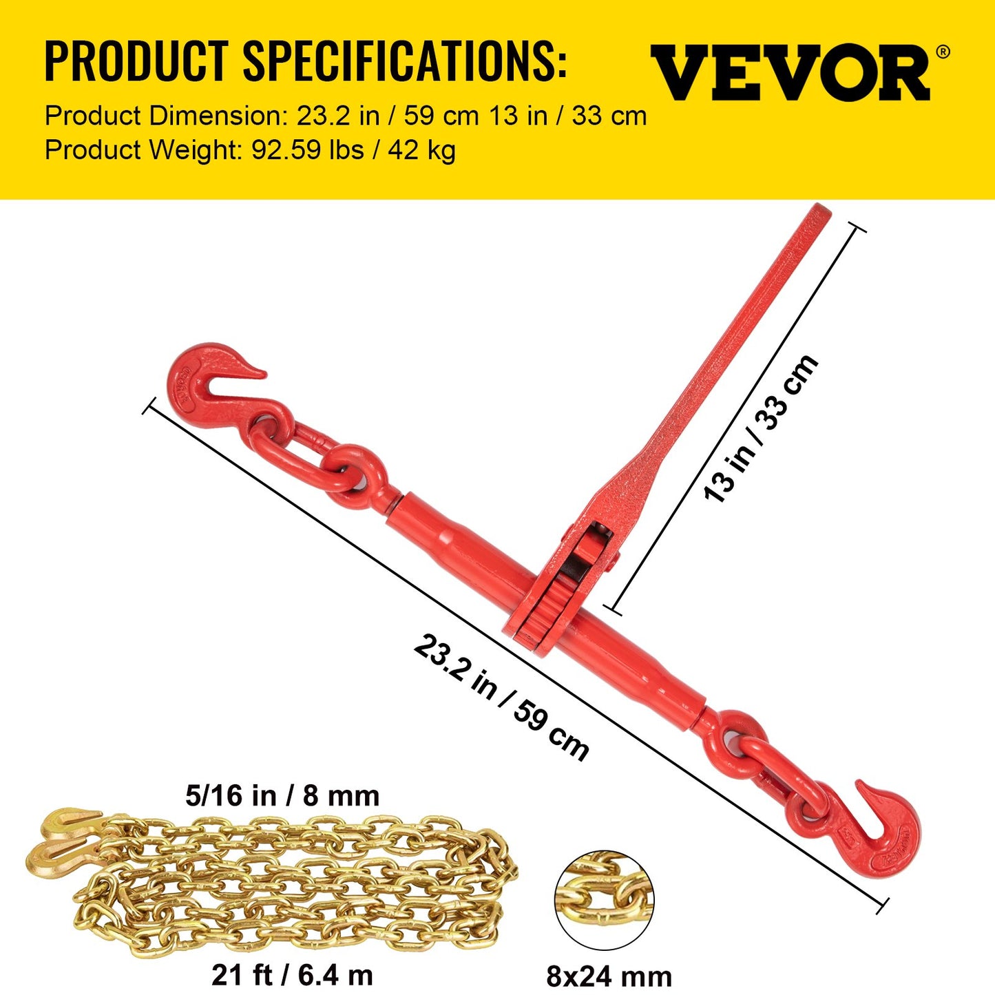 Chain Load Binder, 8 mm Tie Down Kit with 2.45 Ton Working Load Capacity and Two Grab Hooks, Includes (4) Ratchet Binders - (4) 6.4 m Grade 80 Chains, Transport Load Package for Hauling, Towing