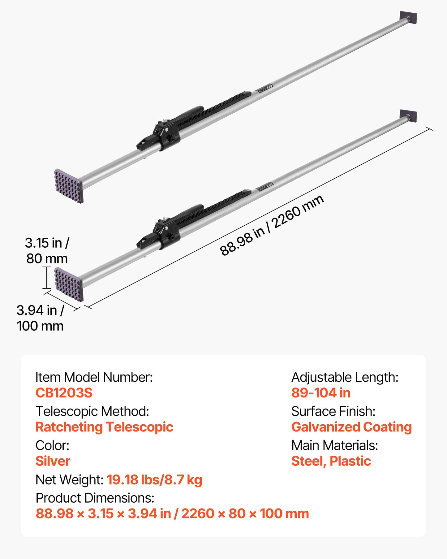 Laststång, spärrbar laststång justerbar från 2261 mm till 2642 mm, kraftig stålstabilisator med halkfri fotplatta, lastlåsstänger för flak, påhängssläp, släpvagn (2 st)