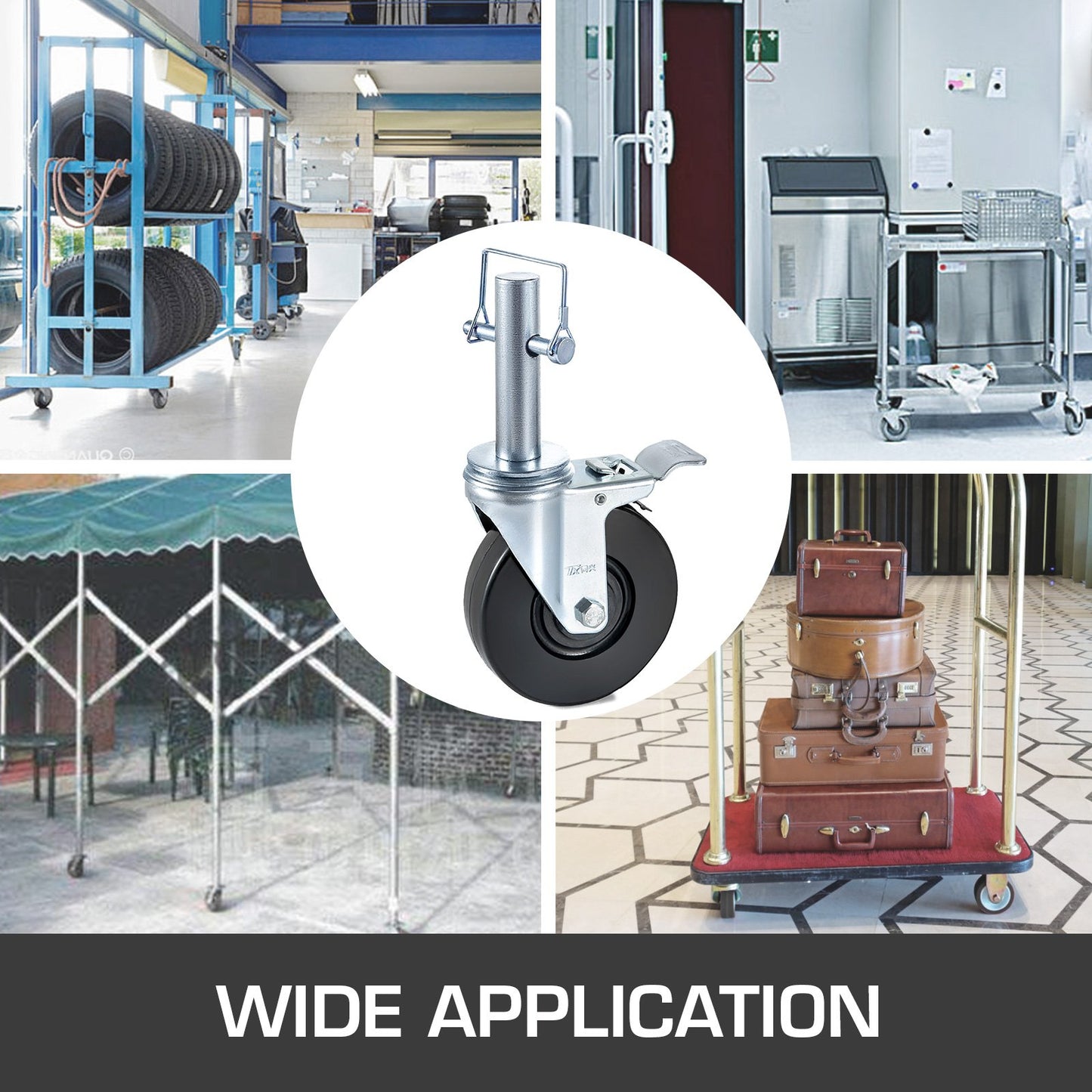 4 Pack 5" Scaffolding Rubber Swivel Caster Wheels with Dual Locking Heavy Duty Casters 1" Solid Round Stem 280LBS Capacity Per Wheel for Warehousing and Industrial Equipment