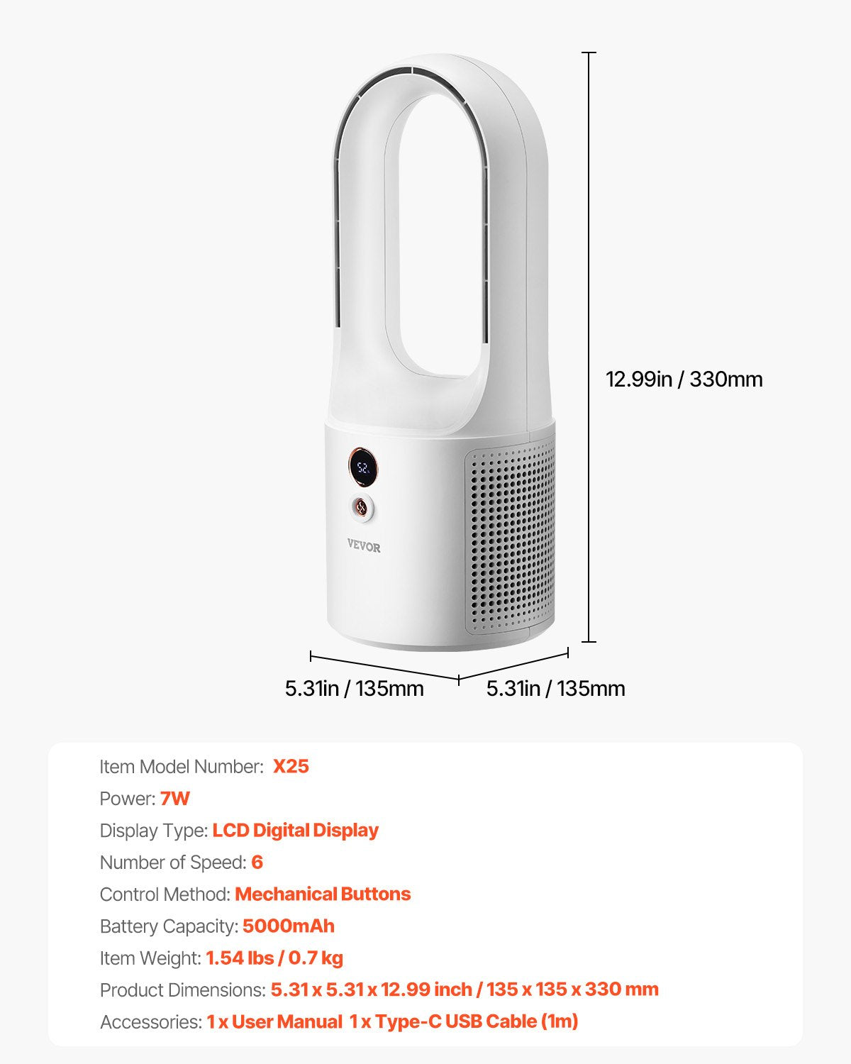 Desk Fan Bladeless, 12.99 Inch Portable Desk Fan, 6-Speed USB Quiet Cooling Small Tower Fan with Rechargeable Battery, Easy to Clean & Kids-Friendly, Blows Cold Air for Bedroom, Office, Home