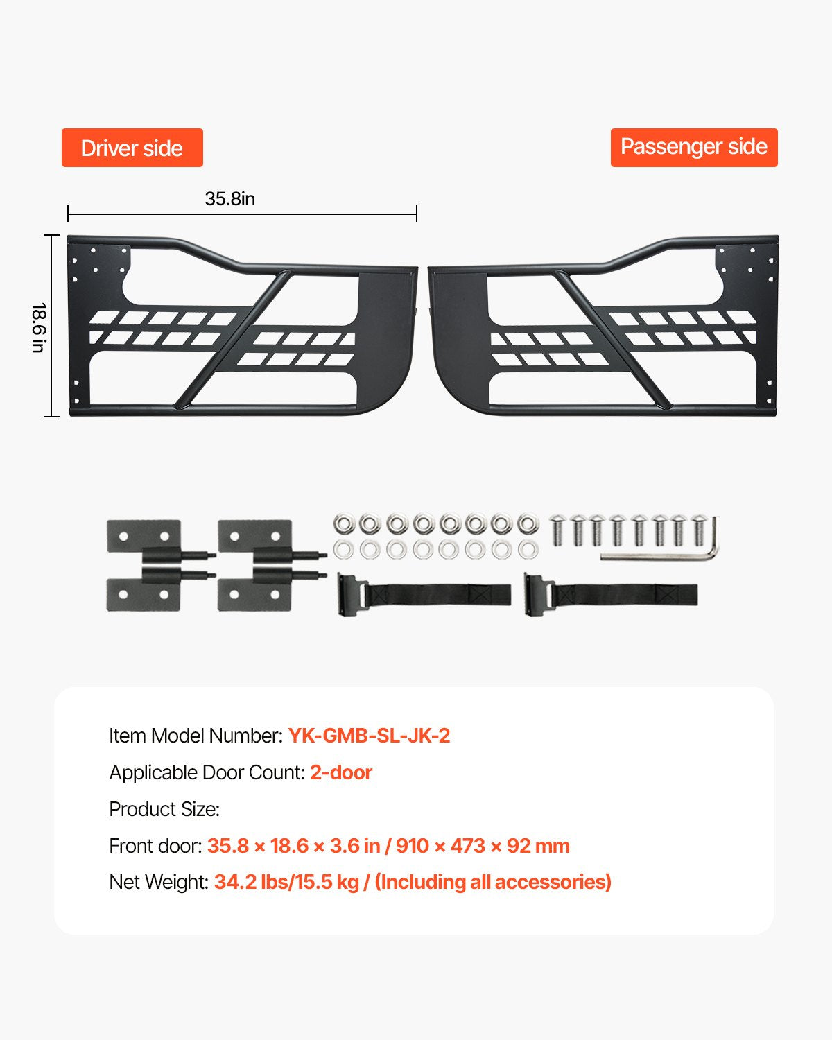 Jeep Tube Doors, 2-Door, Hunting Style Jeep Tubular Door with Heavy-Duty Hinges & OE Latch, Jeep Doors with Rubber Pads & Toughened Steel Tube, Fit for 2007-2018 Jeep Wrangler JK