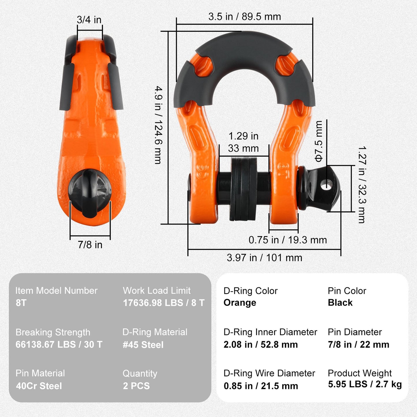 3/4" D-ringsschackel, 2-pack schacklar i legerat stål, 30 ton brottstyrka med 7/8" skruvstift, isolatorer och brickor, kraftig terrängbärgningsschackel för jeep, orange