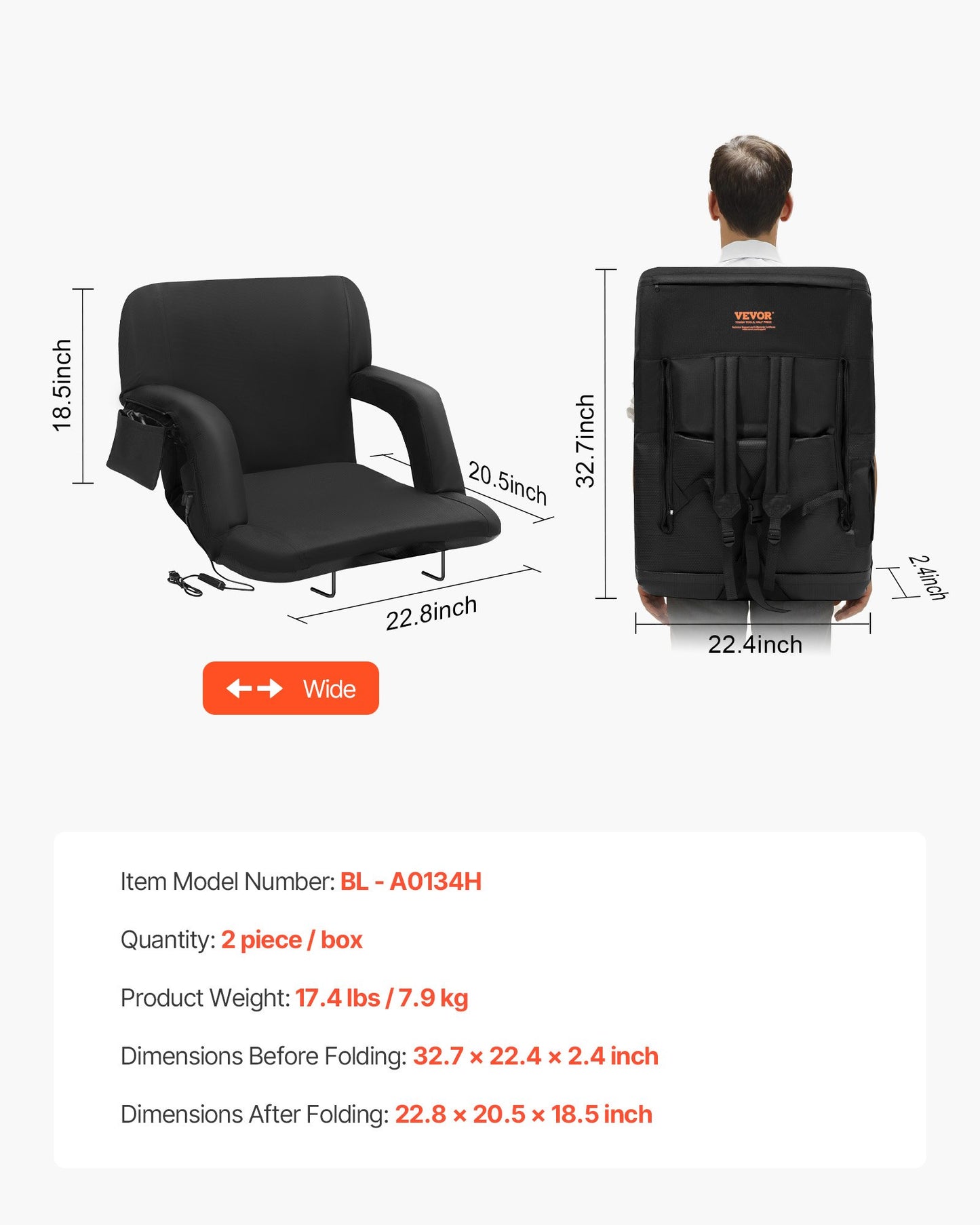 Double Heated Stadium Seat with Back Support, 3 Level Heating Wide Bleacher Seat, Folding Portable Padded Reclining Chair with Hook Pocket Cupholder, Ideal for Sport Event Beach Concert (2 Set)