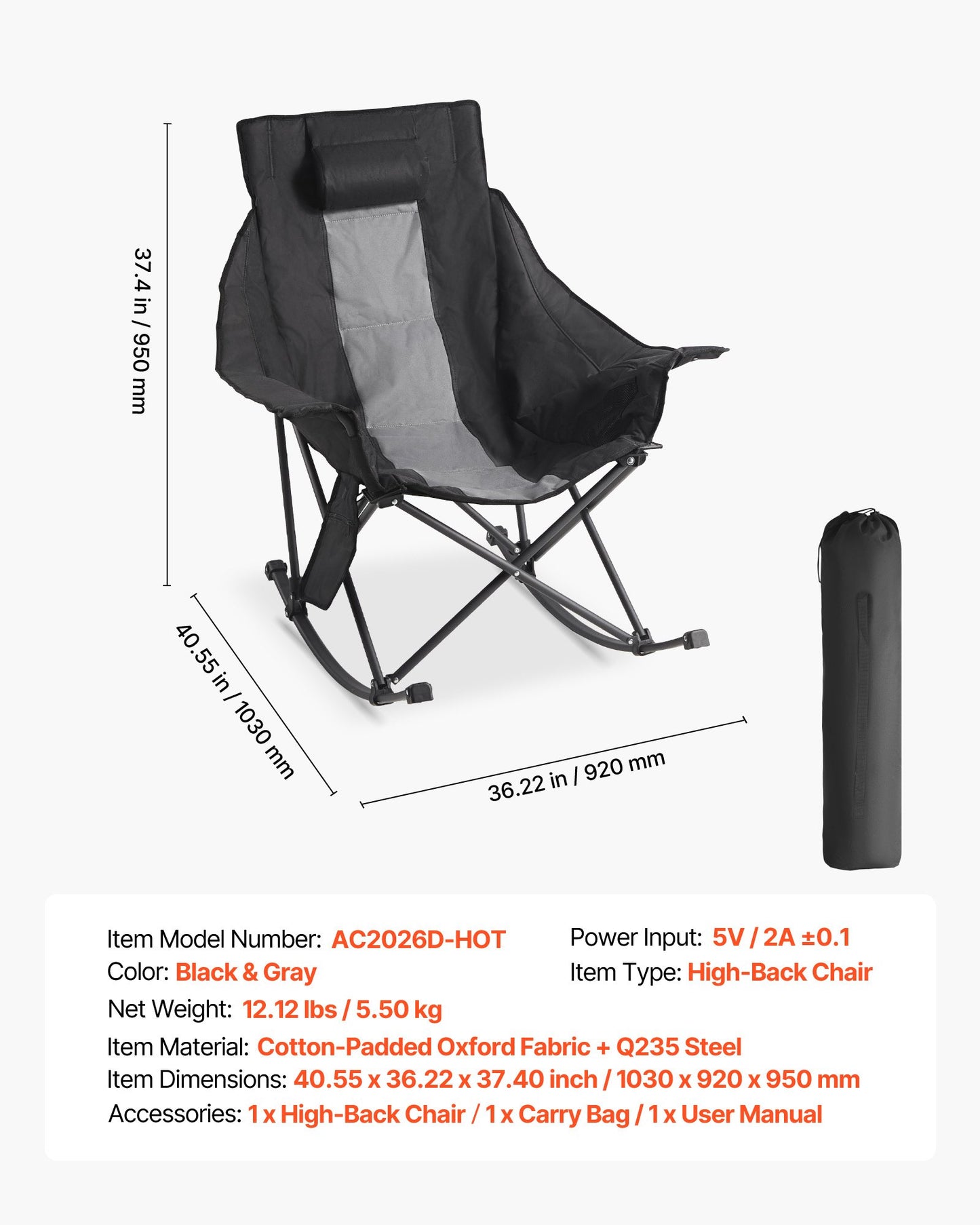 Heated Camping Chair, 3 Heating Settings, Large-Sized Padded Folding Rocker, Heavy Duty Outdoor Lawn Chairs with Pocket & Cupholder, Support 225lbs, Portable Heated Chair for Sports Winter Use