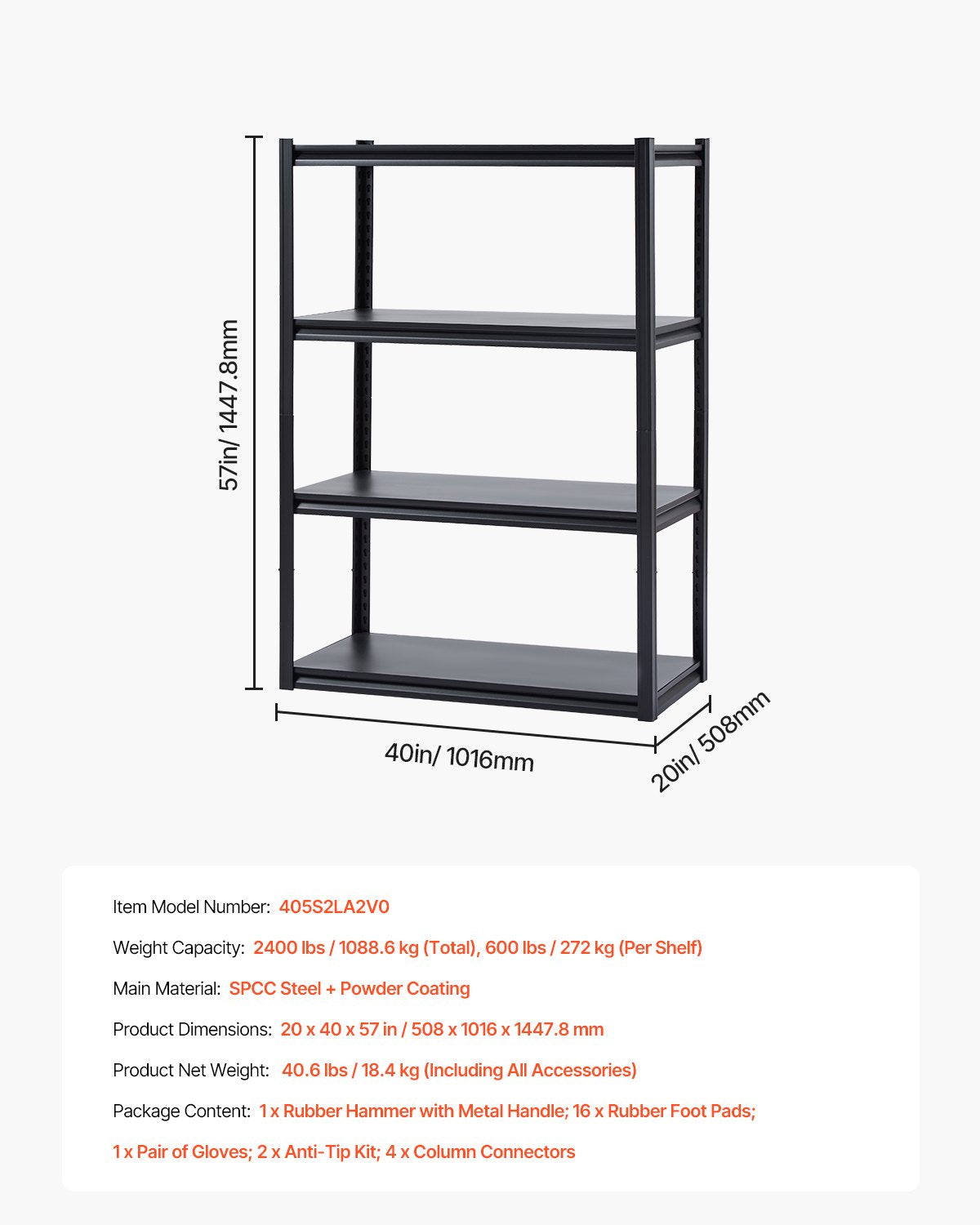 Förvaringshyllor, 2400 lbs, 4-vånings garageförvaringshylla, 20" D x 40" B x 57" H Justerbara metallhyllor för garagehyllor Verktygshylla, Perfekt för kök, lager, källare, Svart