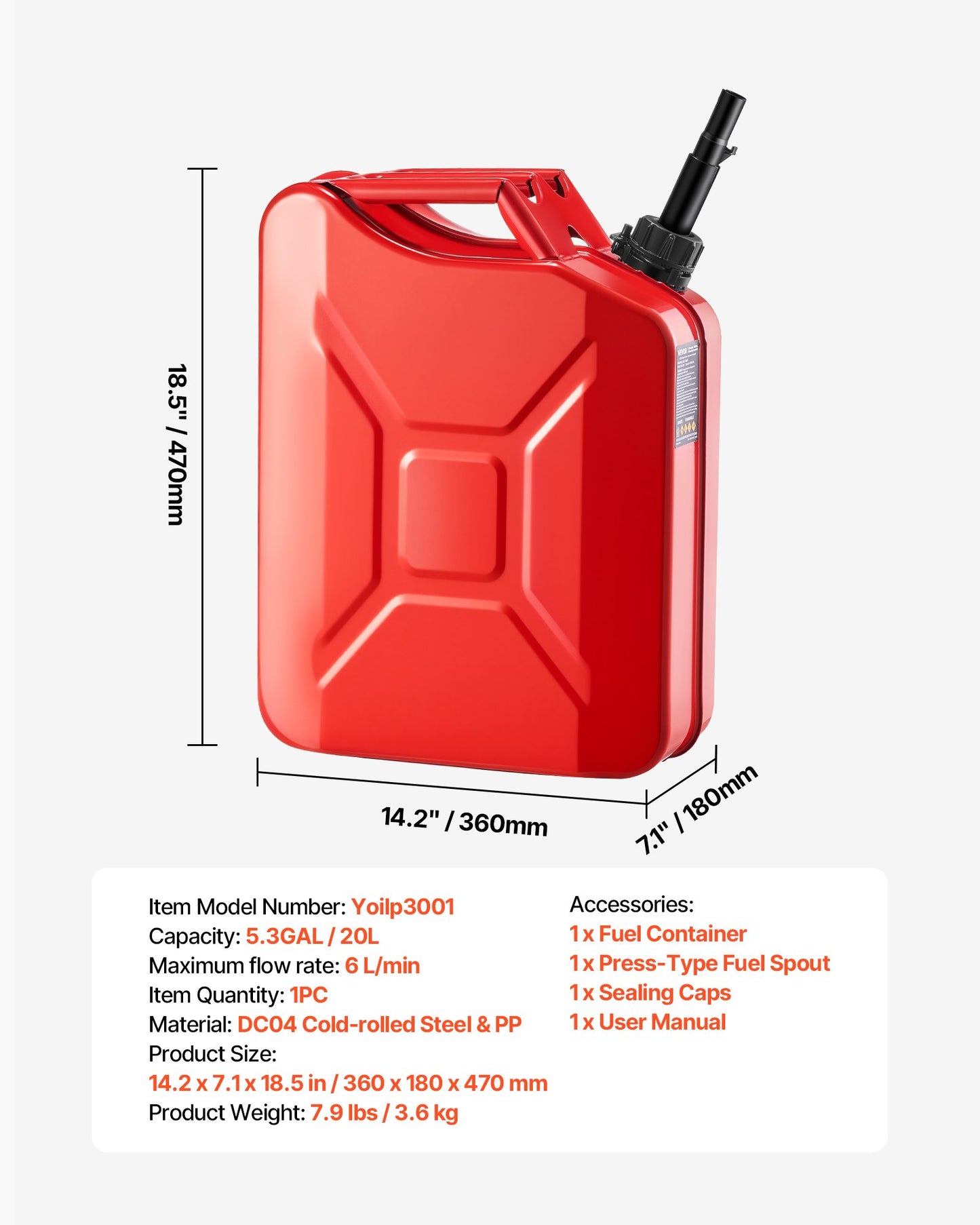 Metal Fuel Container, 20 L, Fuel Jerry Can with Spout and Comfort Handle, 6 L/min Max Flow Rate, Leakproof & Corrosion-resistant Metal Gas Tank Most Cars Motorcycle ATV UTV, Red