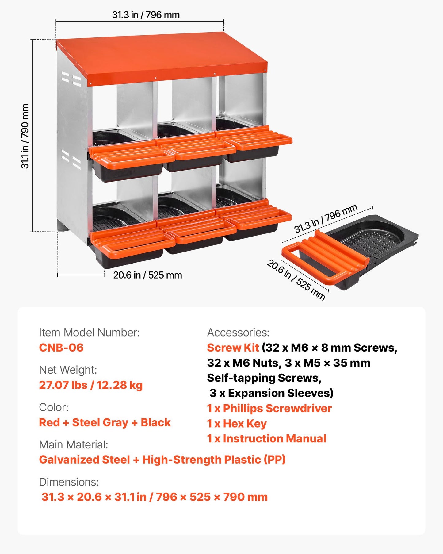 2 Tiers Chicken Nesting Boxes, 6 Compartments, Metal Egg Laying Boxes with Protective Collection Lids, Roll Out Nesting Box, Easy to Assemble, Ideal for Hens, Ducks, Chickens, and Other Poultry