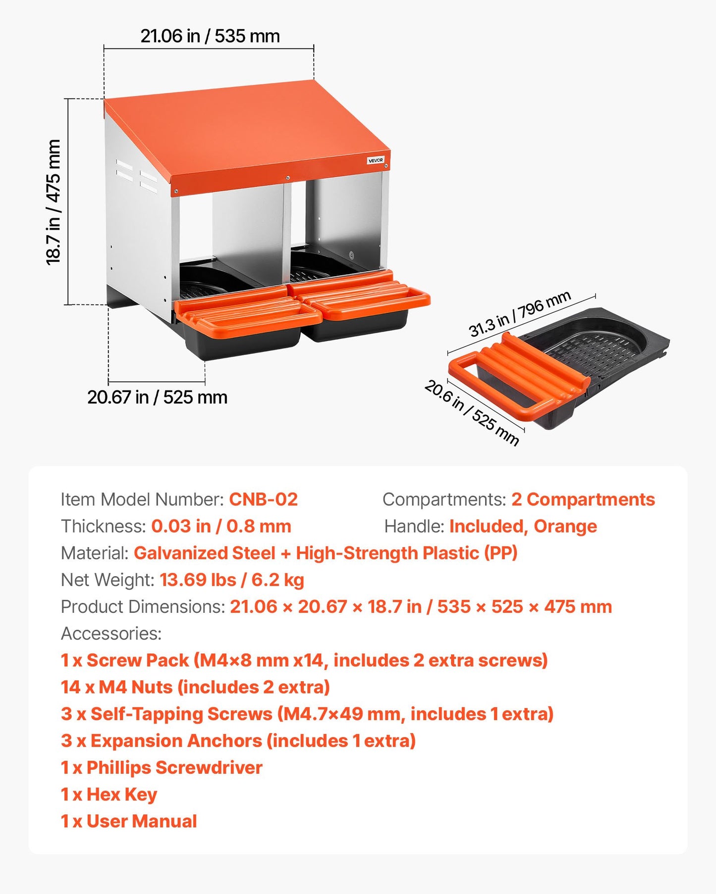 Chicken Nesting Boxes, 2 Compartments, Easy Egg Collection, Wall Mount, Easy to Assemble, Galvanized Steel and High-Strength Plastic, Roll Away Nesting Boxes for Chickens Laying Eggs, Orange