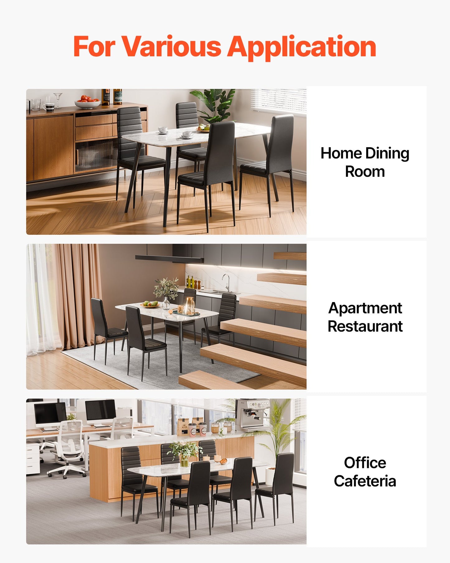 Modern Dining Room Accent Chairs Set of 6, Upholstered Leather Side Chair for Dining Tables, Space-Saving Kitchen Table Chair with Thick Cushions and Metal Legs, Black