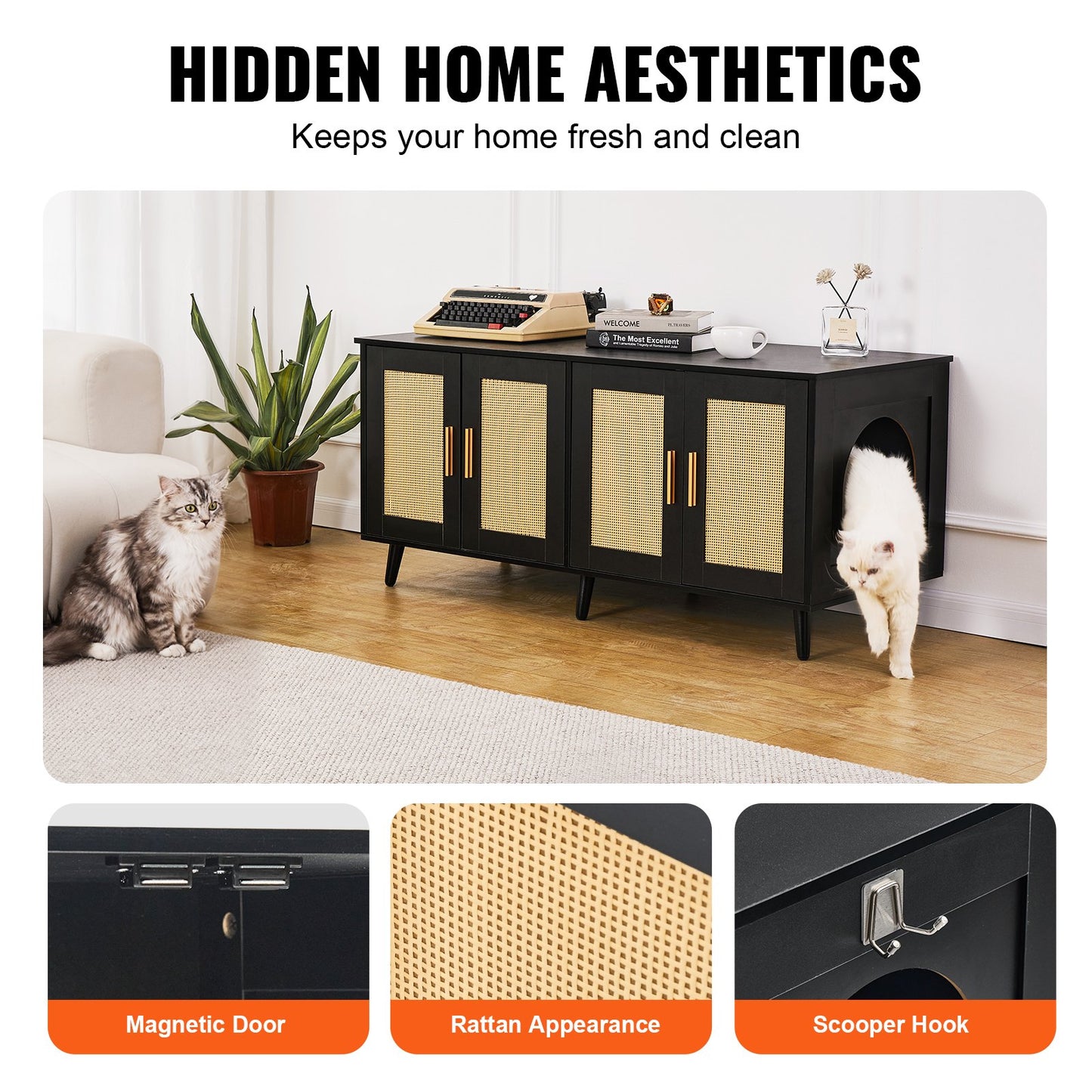 Cat Litter Box Enclosure for 2 Cats, Litter Box Furniture Hidden with Rattan Decorated Doors, Wooden Cat Box Cabinet Fit Most of Litter Box, 47.2"L x 19.7"W x 21.7"H, Black