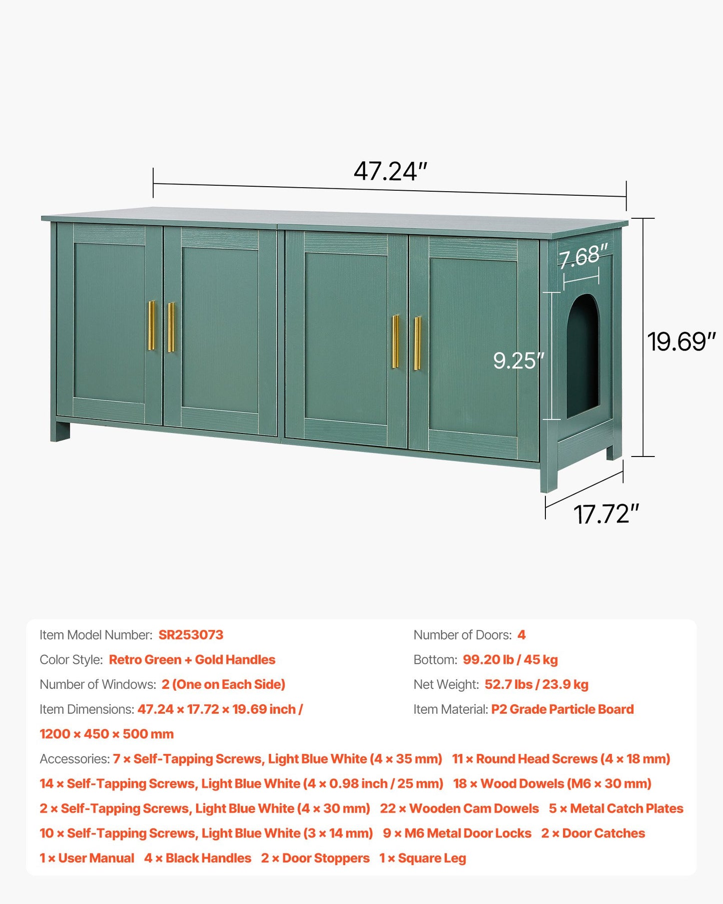 Cat Litter Box Enclosure for Multi Cats, 120cm Hidden Litter Box Cabinet with 4 Doors & 2 Entries, Indoor Cat Washroom, Wooden Kitty House Furniture Side Table, Fit Most Litterboxes, Green