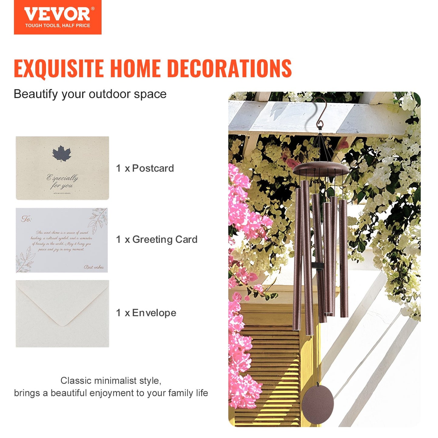 Wind Chimes for Outside, 1143 mm, Deep Tone Wind Chimes with 6 Tubes, Unique Large Memorial Wind Chimes for Anniversary, Amazing Outdoor Decor for Your Patio, Porch, Garden and Backyard, Bronze