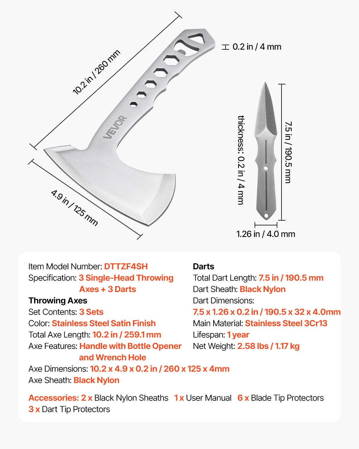 Kastyxor och tomahawker, 3-pack yxyxor och 3-pack knivar, kastprodukter, handtag med skiftnyckel och flasköppnare, rostfritt stål, svart nylonslida, för tävlingar i fritiden