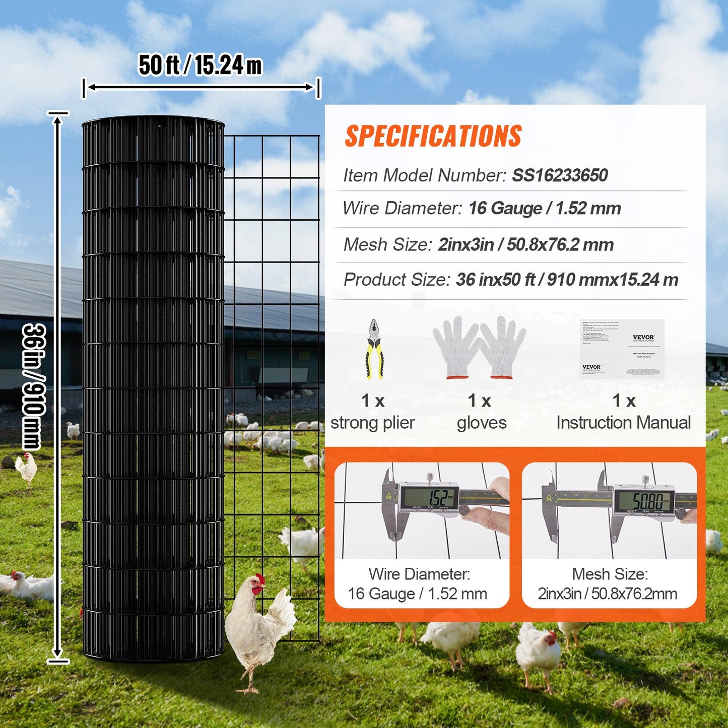 Hårdvara, 910 x 15240 mm galvaniserad trådnätsrulle, 16 gauge hönsnätsrulle, vinylbelagd metalltrådsnät för hönshusbarriär, kaninsnäcksstängsel, fjäderfäinhägnader