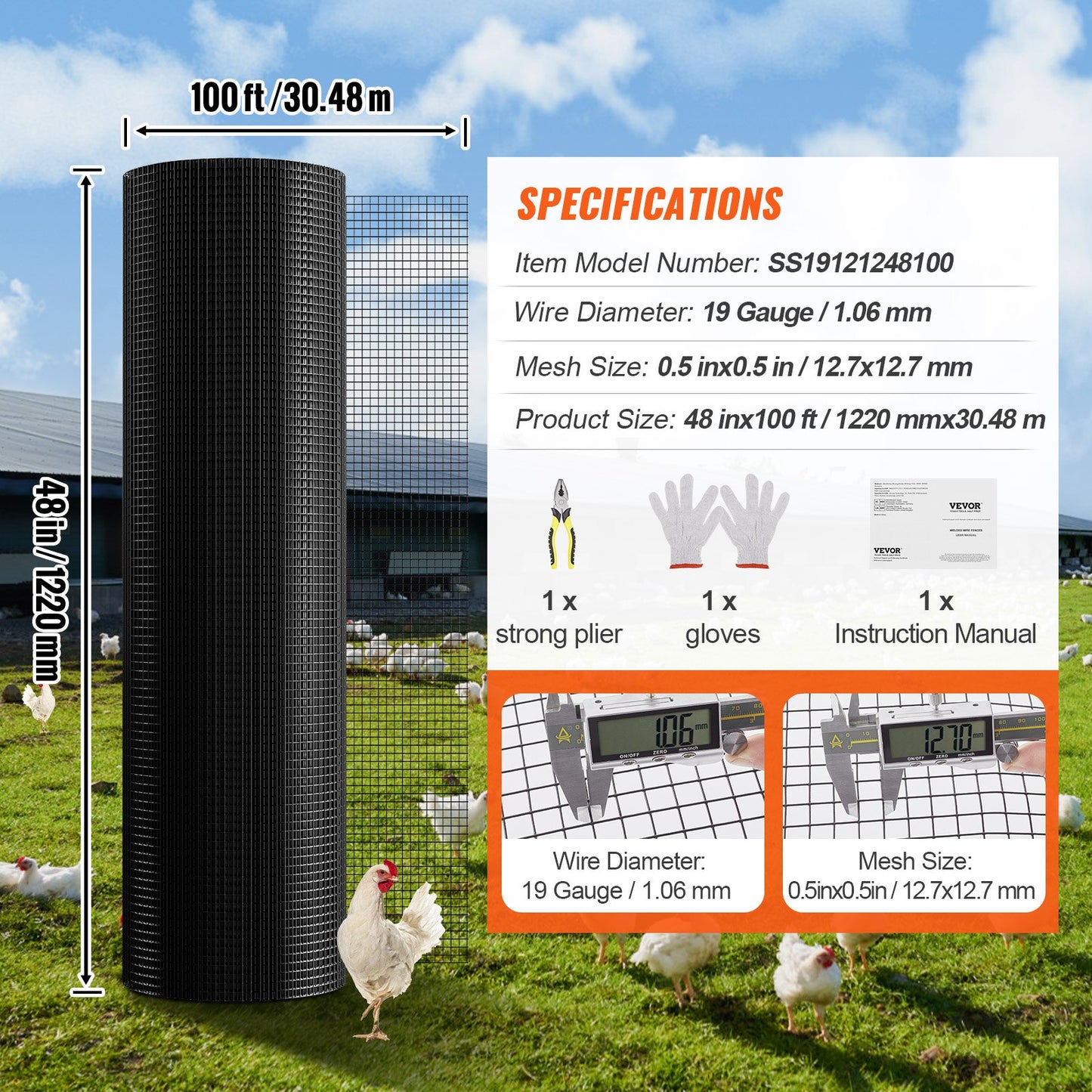 Hardware Cloth, 1220 x 30480 mm Galvanized Wire Mesh Roll, 19 Gauge Chicken Wire Fence Roll, Vinyl Coating Metal Wire Mesh for Chicken Coop Barrier, Rabbit Snake Fences, Poultry Enclosures