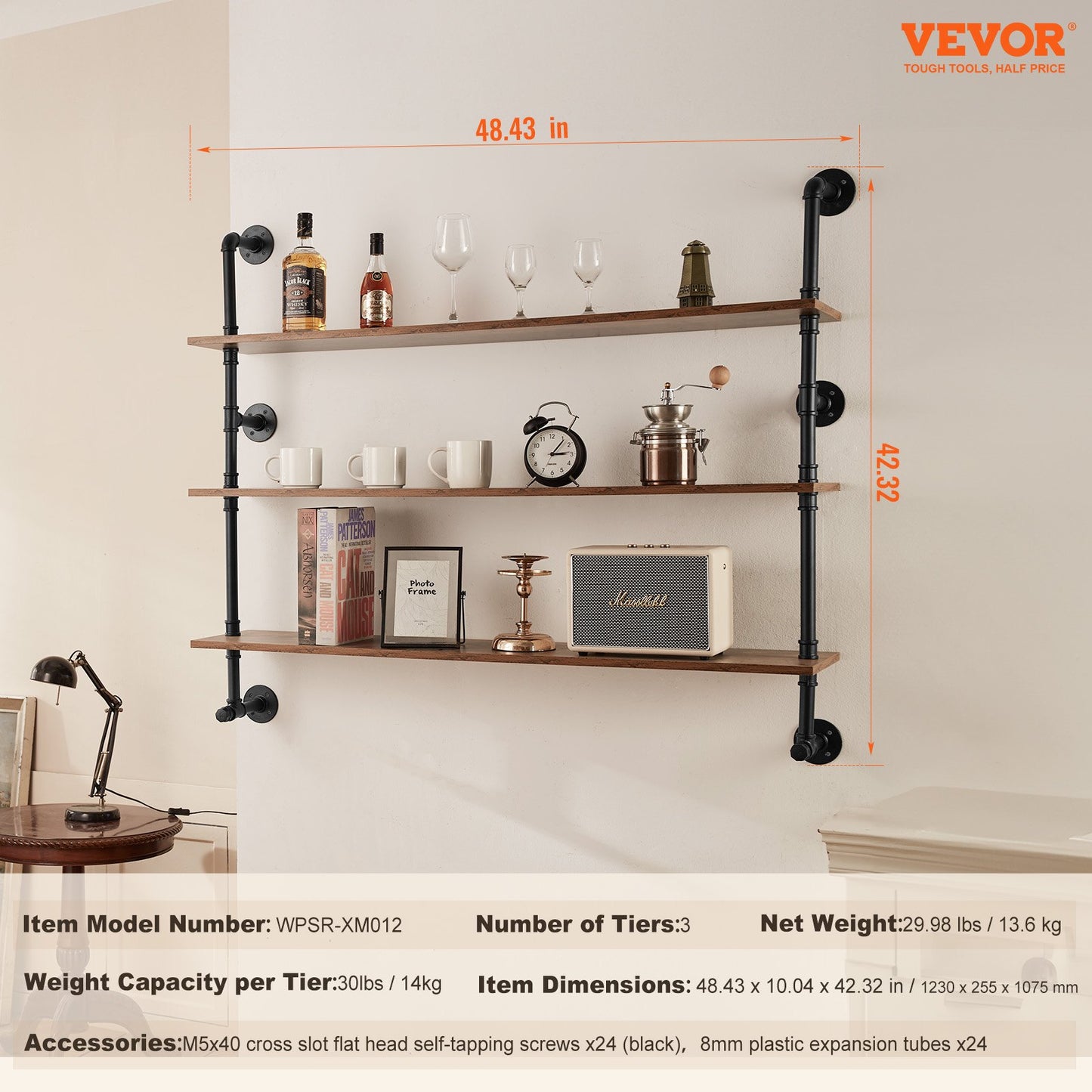 Industrial Pipe Shelf, 3 Tier 48x9.84in, Wall-Mount Floating Rustic Wood Shelves Bracket Display Bookshelf, Storage Rack Sundries Holder for Kitchen Bedroom Bathroom Living Room, Black