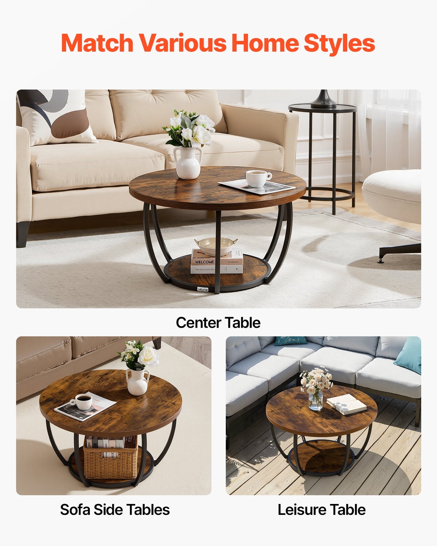 Coffee Table, Modern Round Coffee Table, 2 Tiers Wooden Circle Center Desk with Open Storage, Minimalist Sturdy Metal Frame Accent End Desk for Living Room, Office, Easy Assembly, Rustic Brown