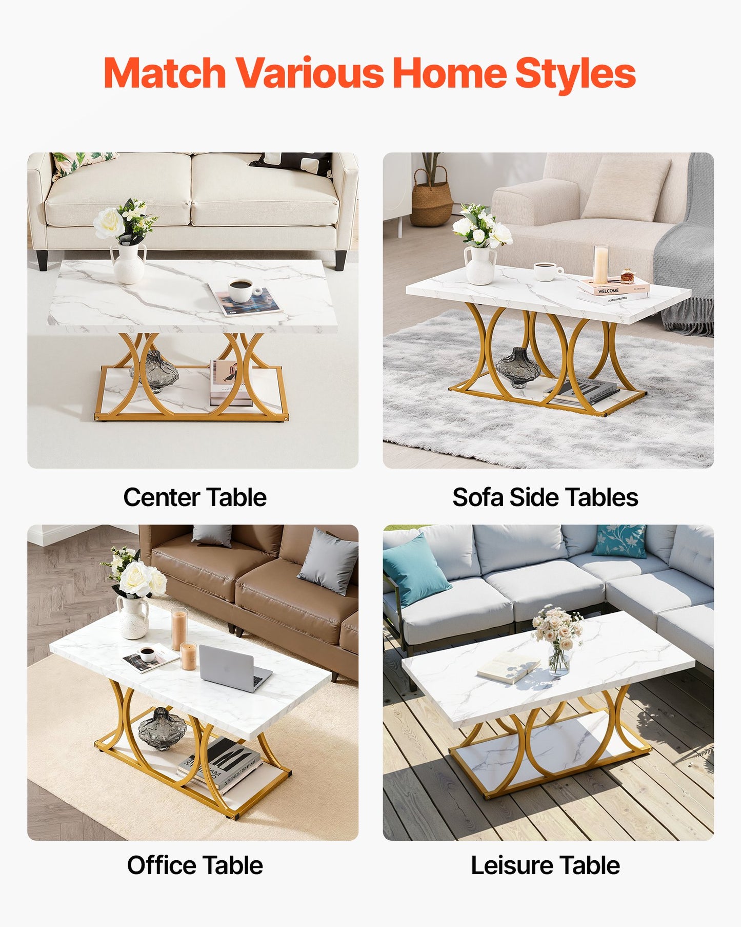 Coffee Table, Modern Faux Marble Coffee Table, 2-Tier Rectangle Center Desk with Geometric Legs, Minimalist Sturdy Metal Frame Accent End Desk for Living Room, Office, Easy Assembly, White