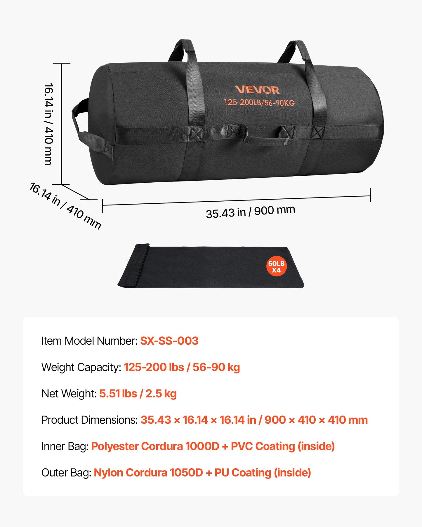 Workout Sandbag, Heavy Duty Workout Power Bags with Handles, 56-90 kg Adjustable Slam Bag for Fitness Strength Weight Training Cross-Training, Home Gym Exercise, Black (Unfilled)