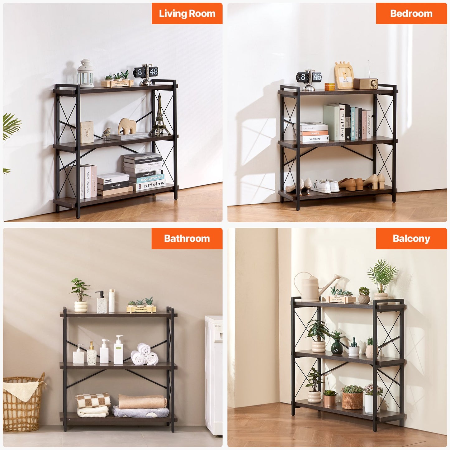 Metal Bookshelf, 3-Tier Industrial Bookshelf, Small Rustic Storage Display Bookcase with Open Shelves, Freestanding Display Vintage Shelving Unit Storage Rack, for Living room, Bedroom & Office