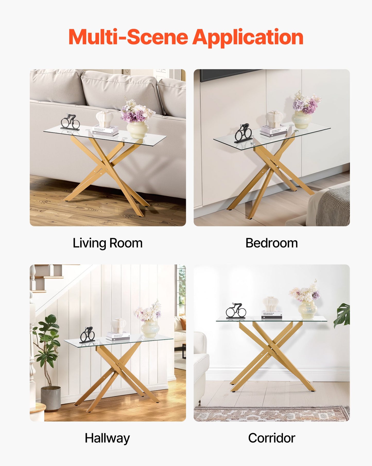 Soffbord i glas, modernt rektangulärt sidobord i soffa med härdat glas och korsben i järn, gyllene geometriskt Consloe-skrivbord med justerbara halkfria fotplattor för vardagsrum, entré, foajé