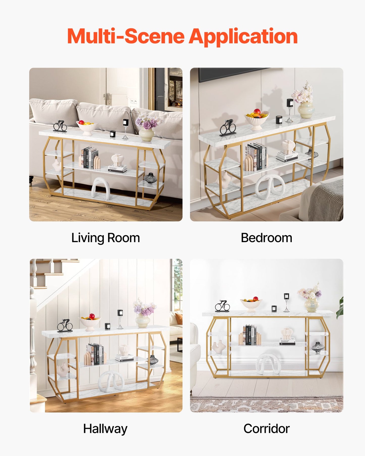 Marmorkonsolbord, 3 våningar modernt konsolbord för öppen förvaring, gyllene geometriskt bord med järnrör, tippskydd och triangulärt stöd för vardagsrum, hall, entré, foajé