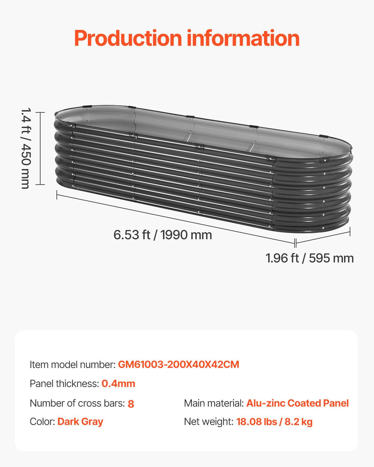 Upphöjd trädgårdsbädd i metall, 6,53 x 1,96 x 1,4 fot, galvaniserad planteringslåda för utomhusbruk, öppen botten, stor oval planteringsbädd för trädgårdsskötsel av grönsaker, blommor, örter och suckulenter, mörkgrå