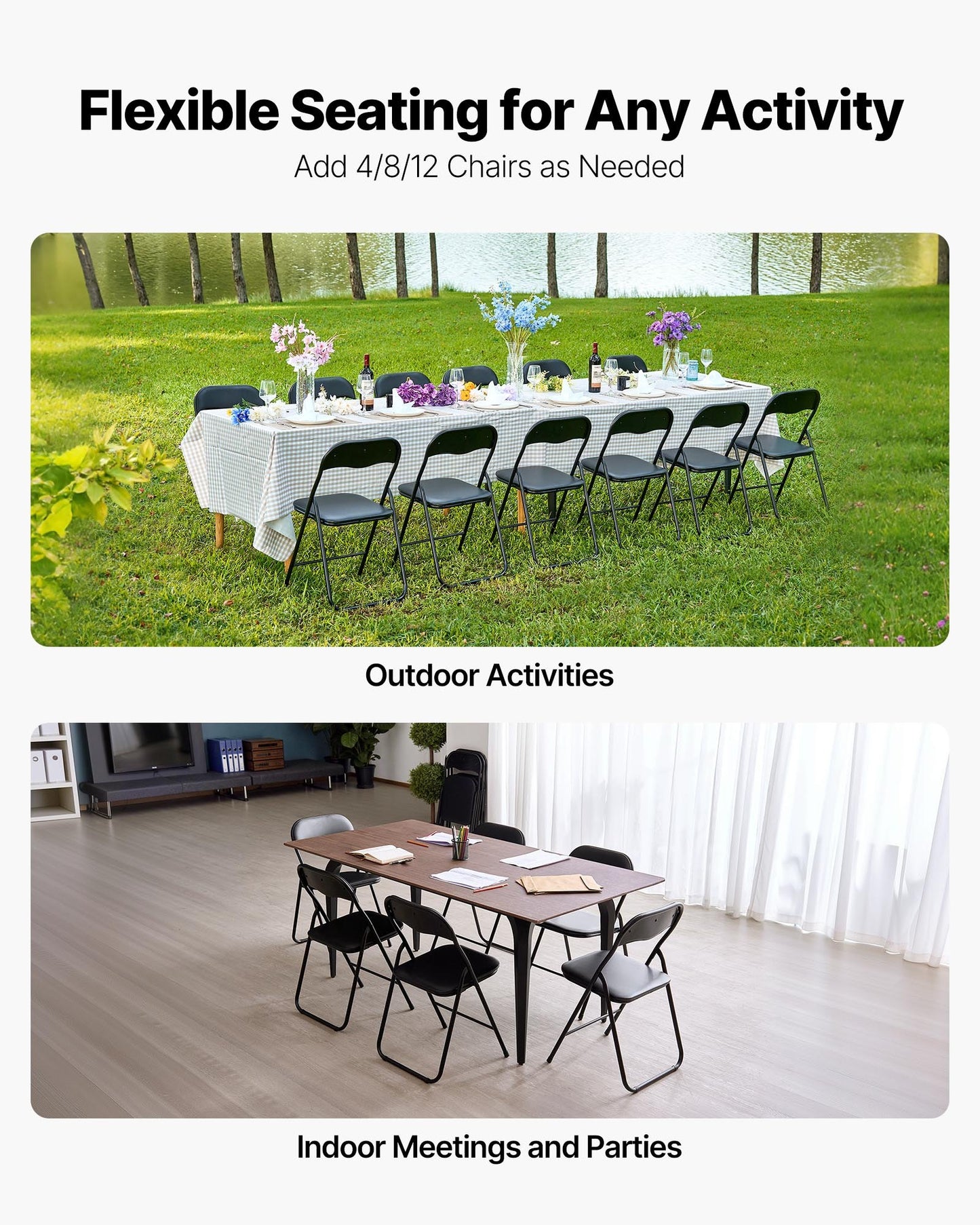 6-pack fällstolar, hopfällbara läderfåtöljer med kraftig metallram och vadderad dyna, bärbara hopfällbara kortbordsstolar, stapelbara säten för hem, trädgård, fester, evenemang, svart