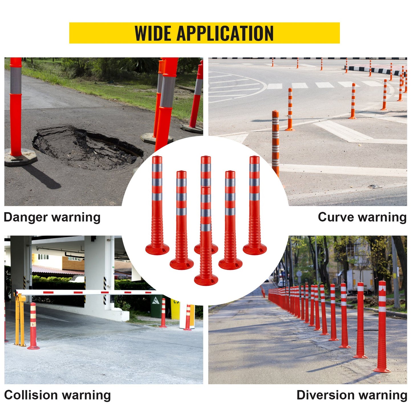 Traffic Delineator, 6 PCS Posts Channelizer Cone, Delineator Post Kit 30” in Height, PU Traffic Post, Orange Safety Cones, Portable Spring Posts with Base, Barrier Cones with Reflective Bands