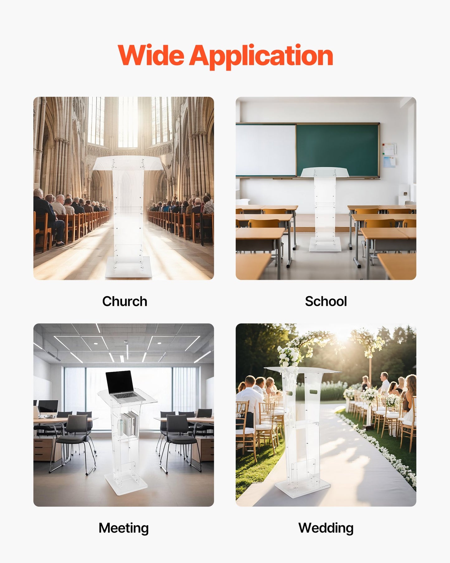 Podium Stand, 1100 mm Acrylic Lectern, Portable Laptop Desk with Wide Reading Surface and Storage Shelf, Book Stopper, Floor-Standing, for Classroom, Wedding, Conference, Lecture and Concert
