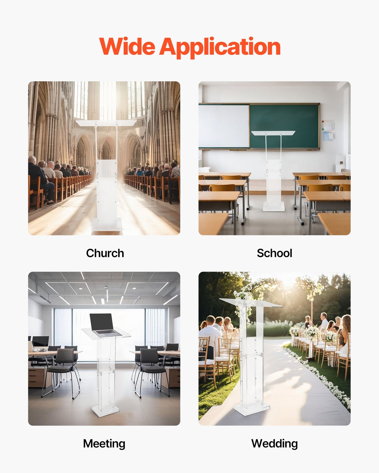 Podium Stand, 1265 mm Acrylic Lectern, Portable Laptop Desk with Wide Reading Surface and Storage Shelf, Book Stopper, Floor-Standing, for Classroom, Wedding, Conference, Lecture and Concert