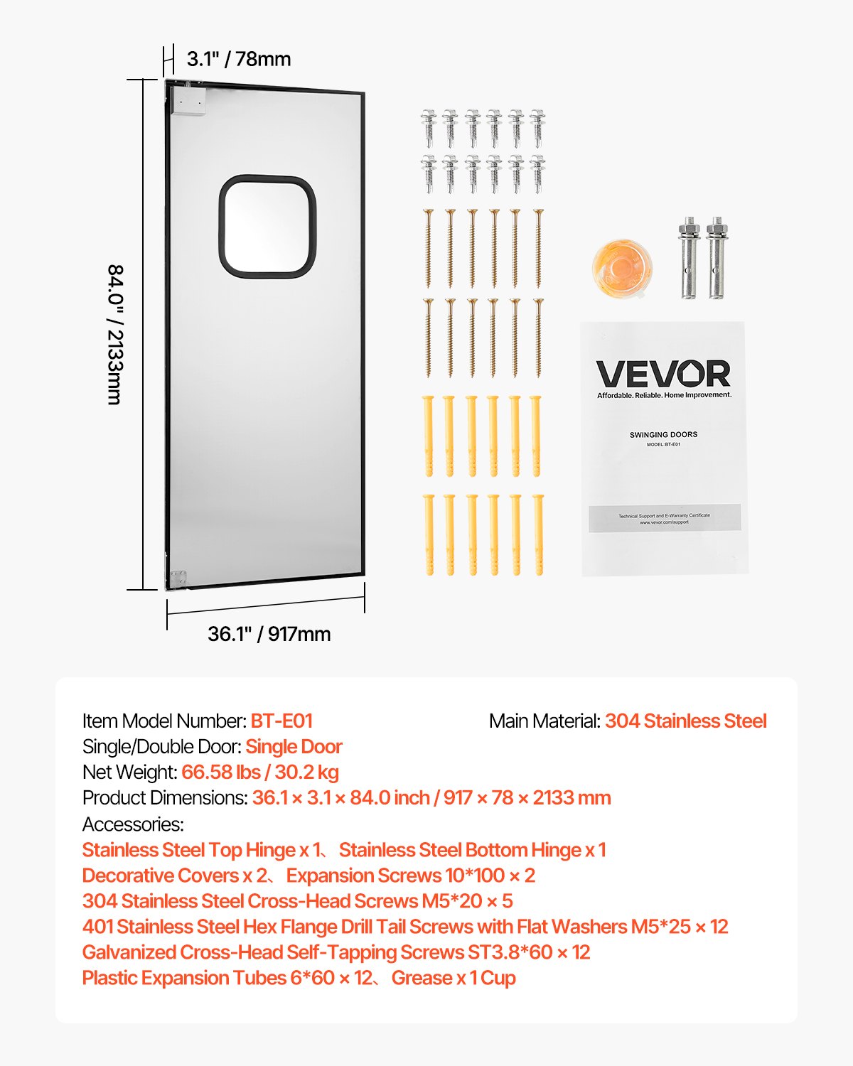 Trafiksvängdörr, enkel panel passar dörröppning 91,4 x 213,4 cm, kommersiella svängdörrar i rostfritt stål med beslag och tillbehör, idealisk för bostadsbruk, hållbar och enkel att installera