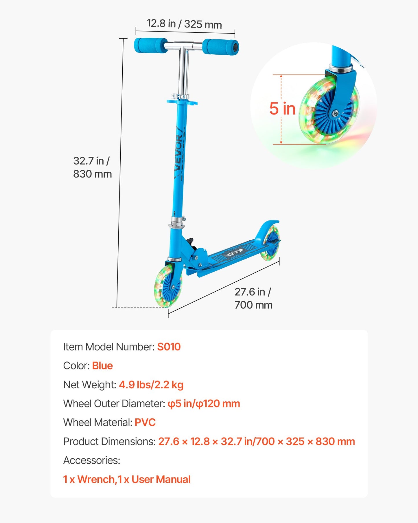 Kick Scooter for Kids Ages 3+, 2-Wheel Toddler Scooter with Light-Up Wheels, Adjustable Height Handlebar, Wide Anti-Slip Deck, Foldable Lightweight Frame for Boys and Girls up to 49.9 kg, Blue