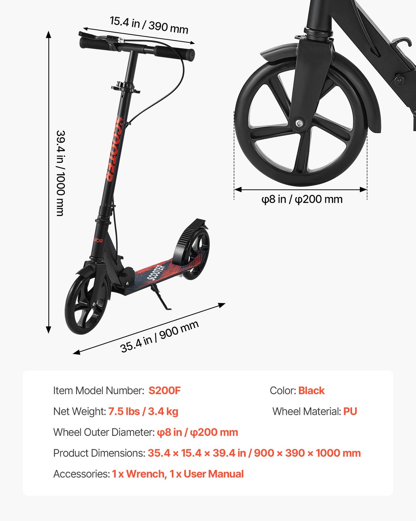 Sparkcykel för barn från 8 år, tonåringar och vuxna, 2-hjulig sparkcykel för småbarn med höjdjusterbart styre, brett halkfritt däck, hopfällbar lättviktsram för pojkar och flickor upp till 99,8 kg, svart