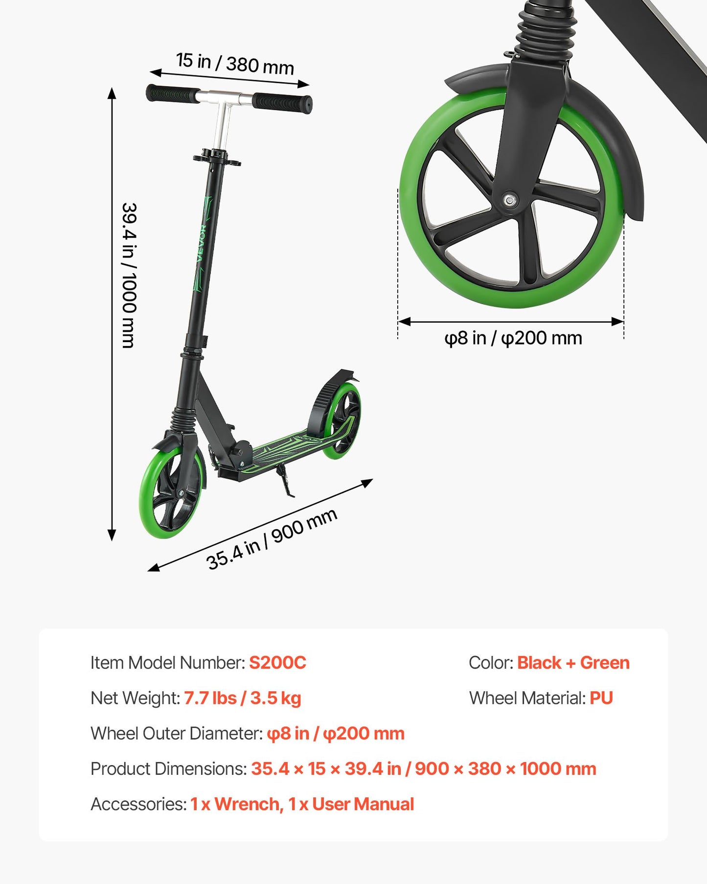 Kick Scooter for Kids Ages 8+, Teens & Adults, 2-Wheel Toddler Scooter with Adjustable Height Handlebar, Wide Anti-Slip Deck, Foldable Lightweight for Boys & Girls up to 99.8 kg, Black + Green