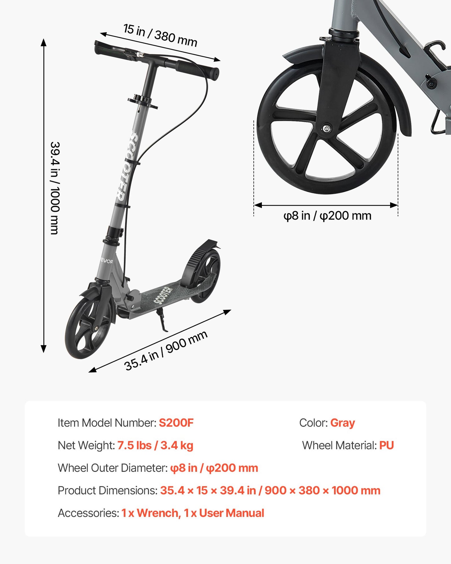 Sparkcykel för barn från 8 år, tonåringar och vuxna, 2-hjulig sparkcykel för småbarn med justerbart styre, brett halkfritt däck, hopfällbar lättviktsram för pojkar och flickor upp till 99,8 kg, grå