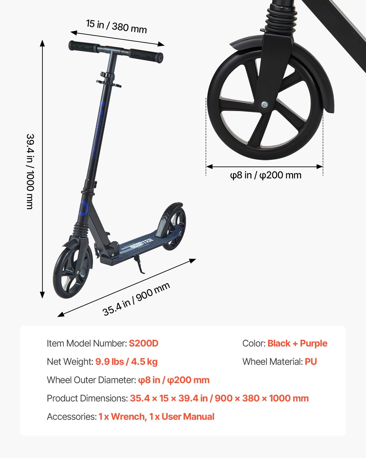 Kick Scooter for Kids Ages 8+, Teens & Adults, 2-Wheel Toddler Scooter with Adjustable Height Handlebar, Wide Anti-Slip Deck, Foldable Lightweight for Boys & Girls up to 99.8 kg, Black + Purple