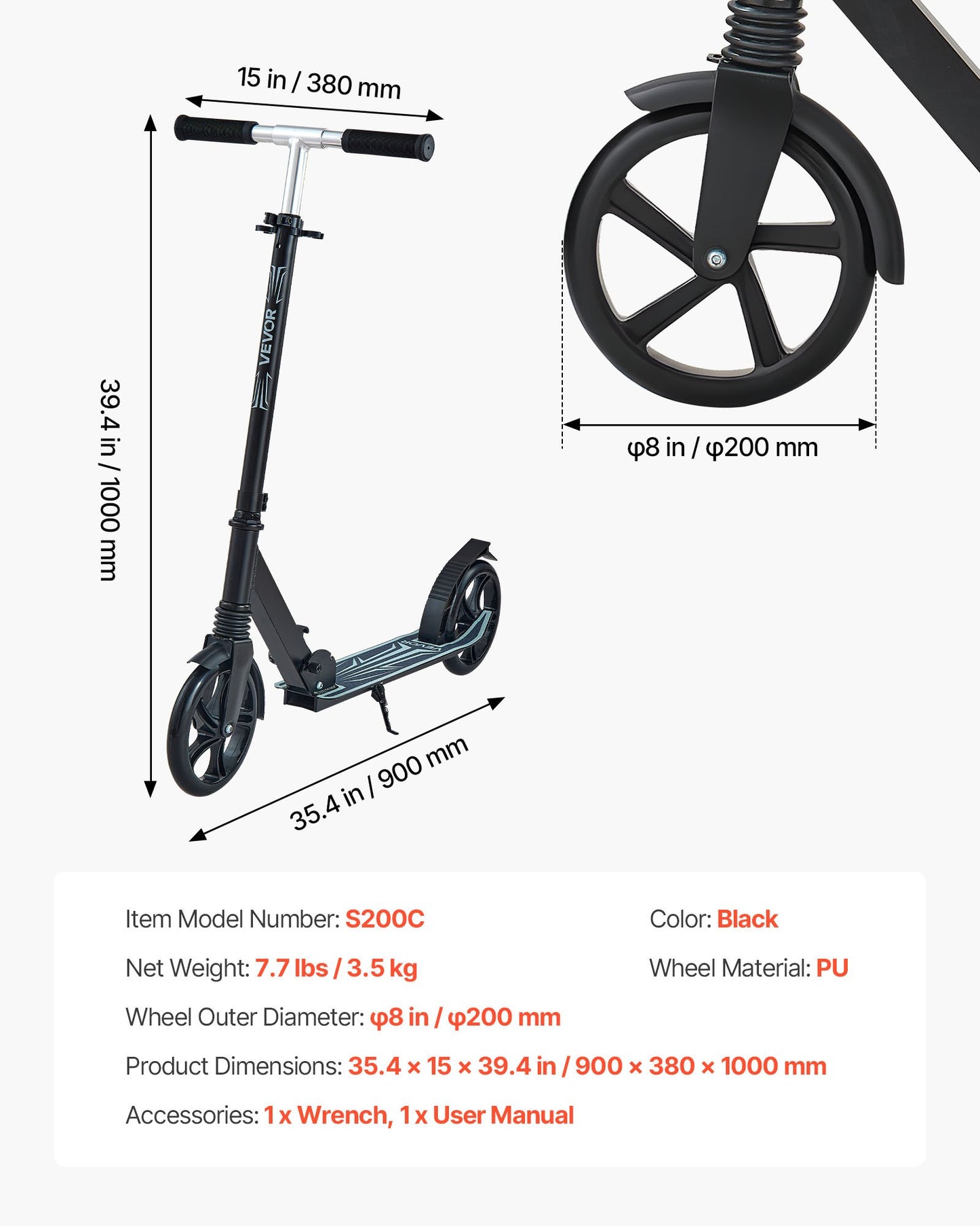 Kick Scooter for Kids Ages 8+, Teens & Adults, 2-Wheel Toddler Scooter with Adjustable Height Handlebar, Wide Anti-Slip Deck, Foldable Lightweight Frame for Boys & Girls up to 99.8 kg, Black