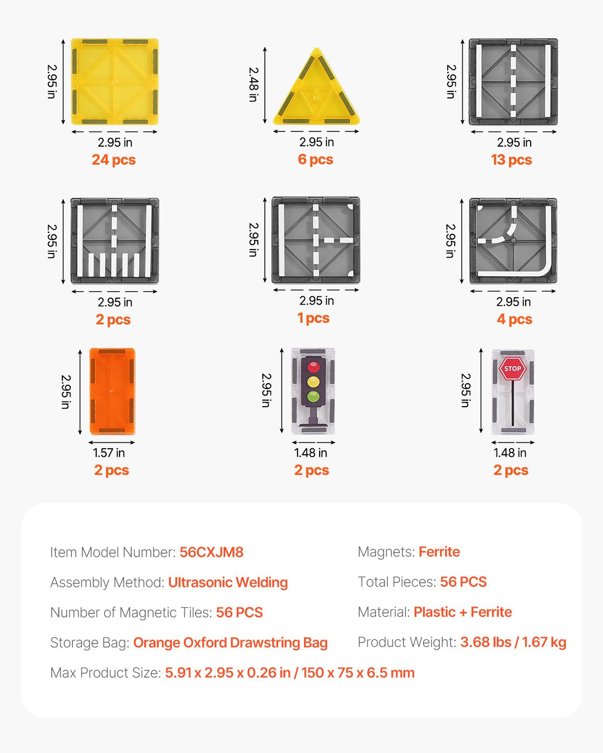 Magnetic Tiles, 56 PCS Magnetic Road Building Blocks for Kids, Magnet Building Set with Storage Bag, STEM Sensory Educational City Construction Stacking Toys Gift for Toddlers Boys Girls Aged 3+