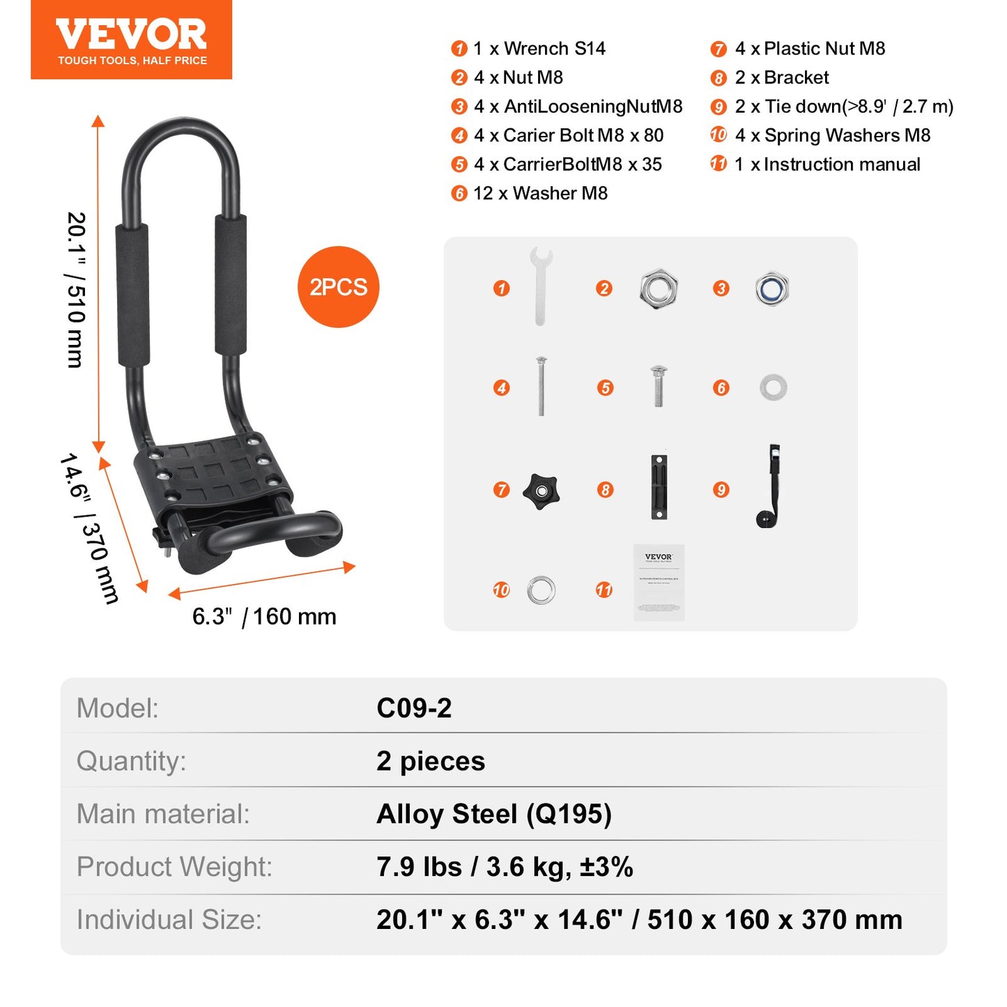 Kayak Roof Rack 1 Pair J-Bar, Soft Roof Rack, Top Mount Tie Down, Carrier for kayak, Surf Board, Canoe, SUP, Ski Board, Mount on Car, SUV, Truck, 1 Kayak