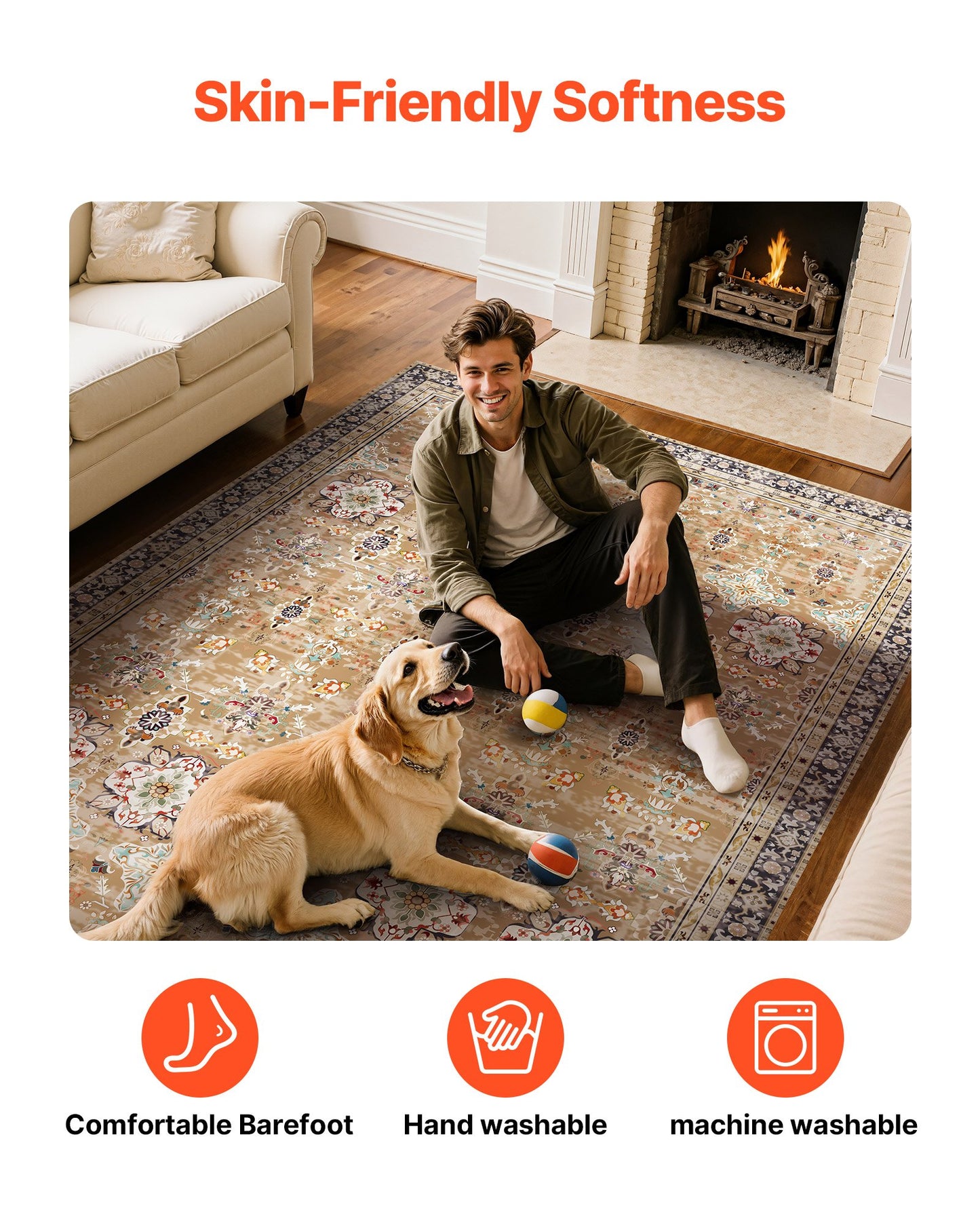 Area Rug, 8 x 10 ft Large Washable Rug, Non-Slip and Tear-Resistant Soft Carpet, Pet & Child Friendly Vintage Area Rugs, Indoor Mat for Bedroom, Living Room, Kids Room, Office, Brown Green