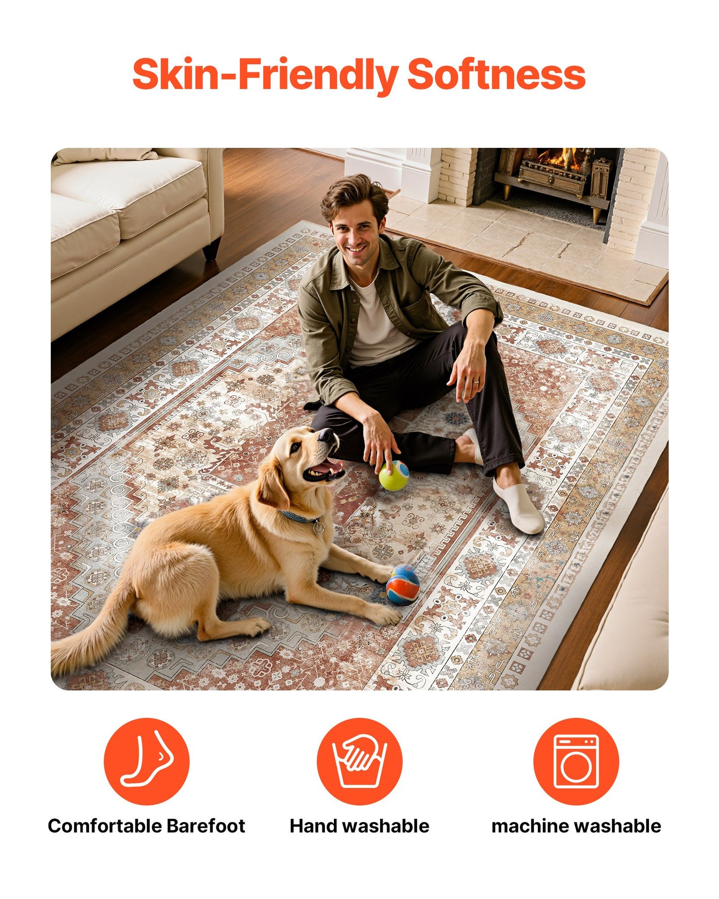 Matta, 2,4 x 3 meter stor tvättbar matta, halkfri och rivtålig mjuk heltäckningsmatta, husdjurs- och barnvänliga vintagemattor, inomhusmatta för sovrum, vardagsrum, barnrum, kontor, brunröd