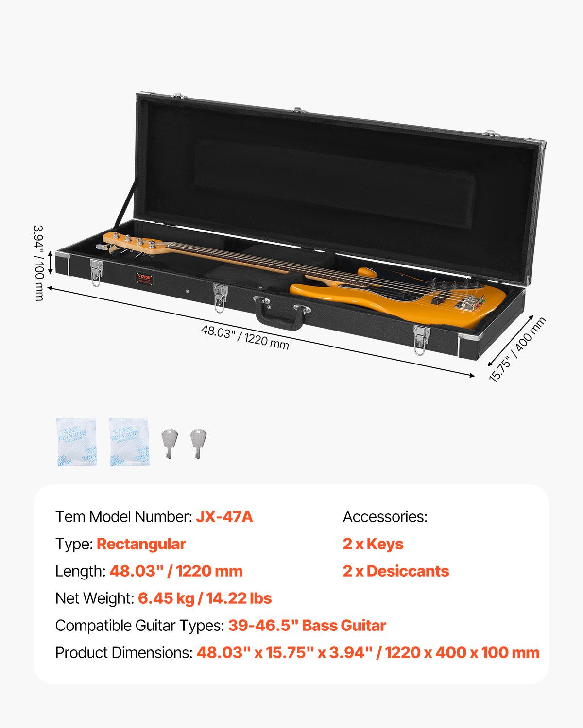 Hårt fodral för basgitarr 122 cm / 48,03 tum Vattentätt med lås och nyckel för basgitarr