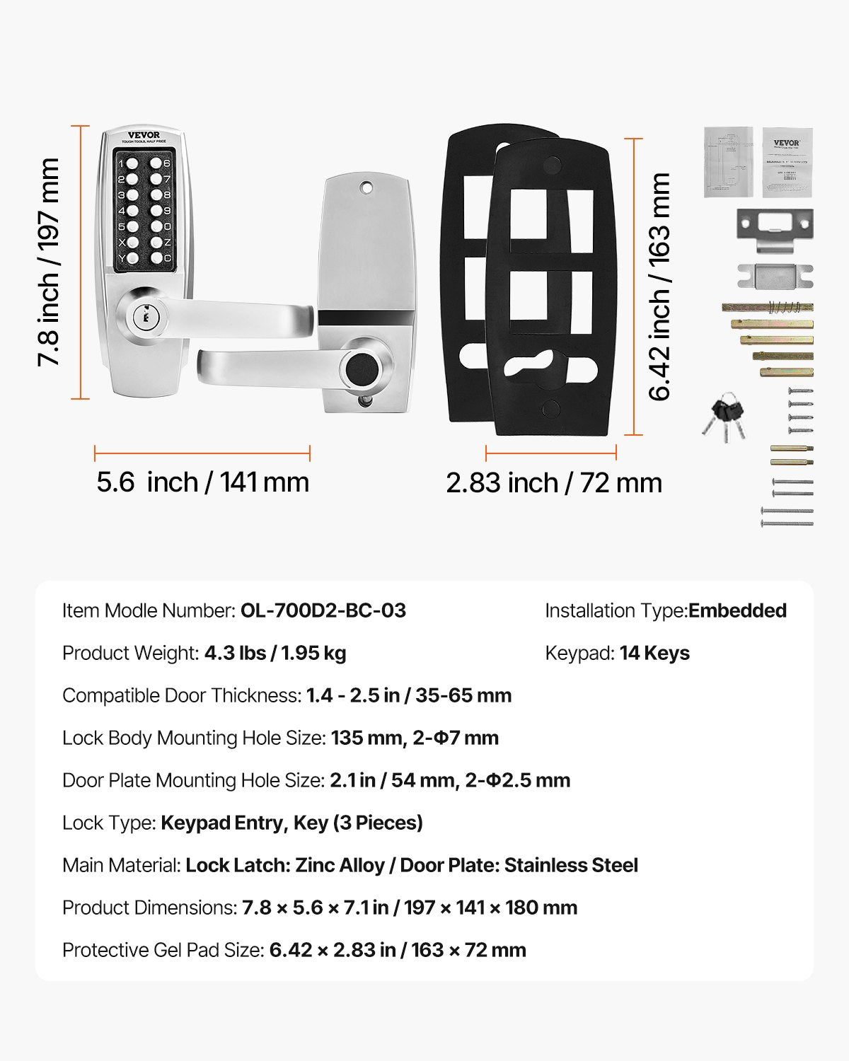 Mechanical Keyless Entry Door Lock, 14 Key Mechanical Door Lock with Keys, Mechanical Keypad Door Lock with Handle, Stainless Steel Waterproof Keyless Gate Lock, for Home Office Outdoor Garage