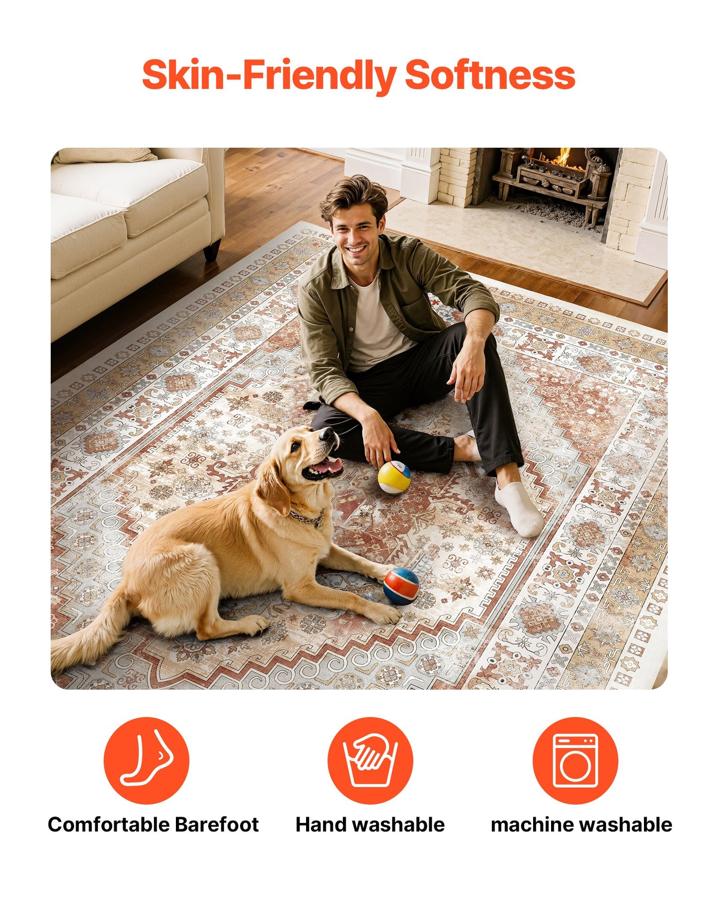 Matta, 2,4 x 3,6 m stor tvättbar matta, halkfri och rivtålig mjuk heltäckningsmatta, husdjurs- och barnvänliga vintagemattor, inomhusmatta för sovrum, vardagsrum, barnrum, kontor, brunröd