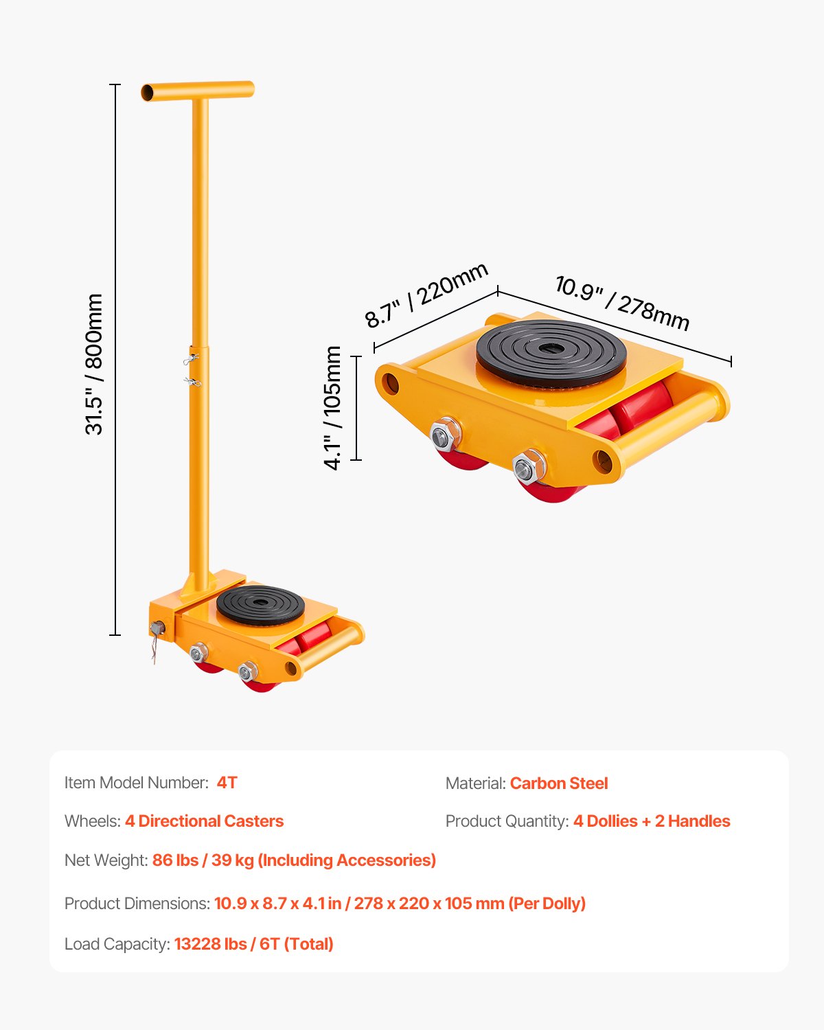 Machine Skate, 6T Machinery Skate Dolly, 13228 lbs Machinery Moving Skate, Machinery Mover Skate with 360° Rotation Cap and PU Directional Rollers, Heavy Duty Industrial Moving Equipment, Yellow
