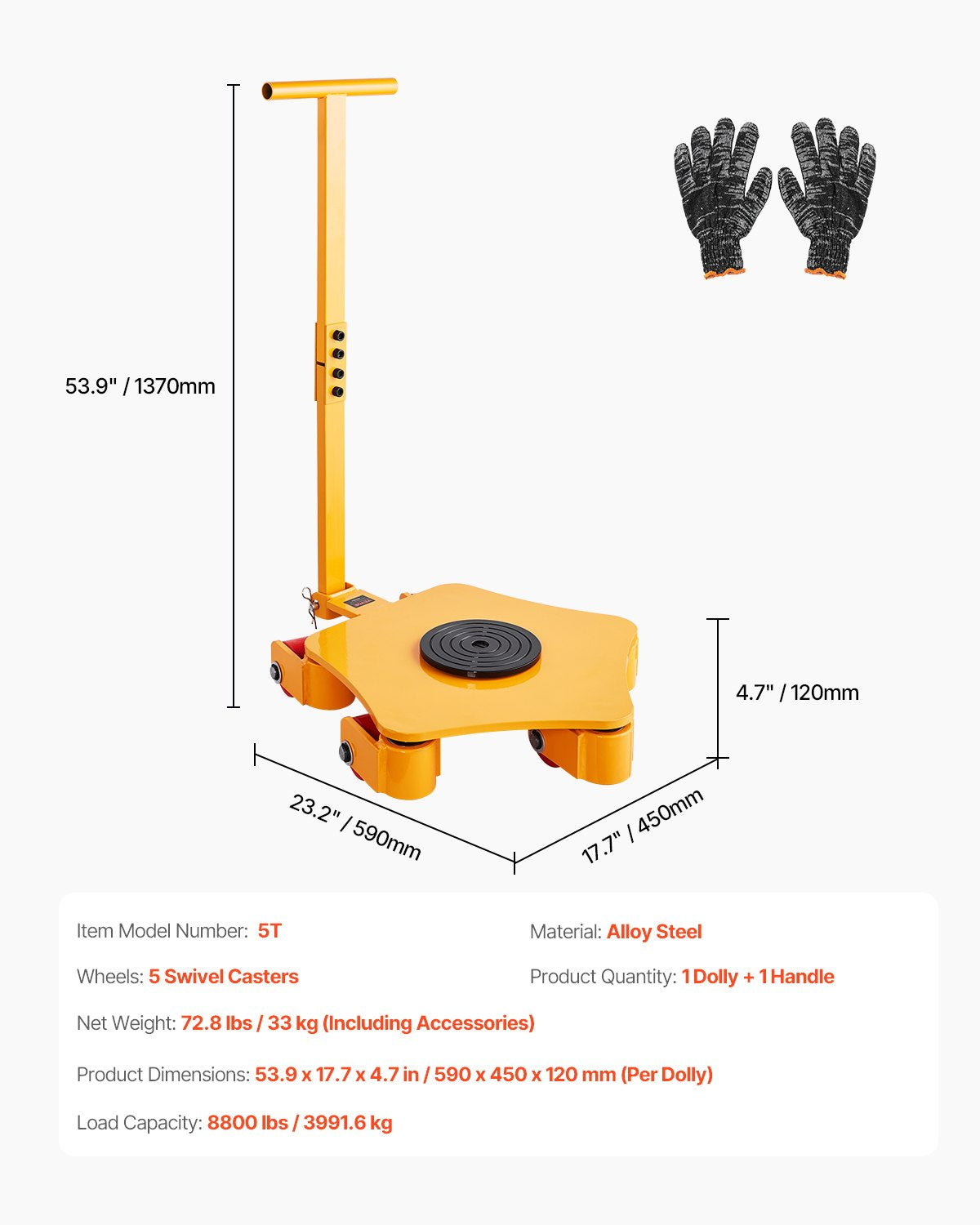 Machine Skate, 8800 lbs Machinery Moving Skate, Machinery Mover Skate with 360° Rotation Cap and PU Swivel Rollers, Heavy Duty Industrial Machinery Mover with Handle for Warehouse, Workshop